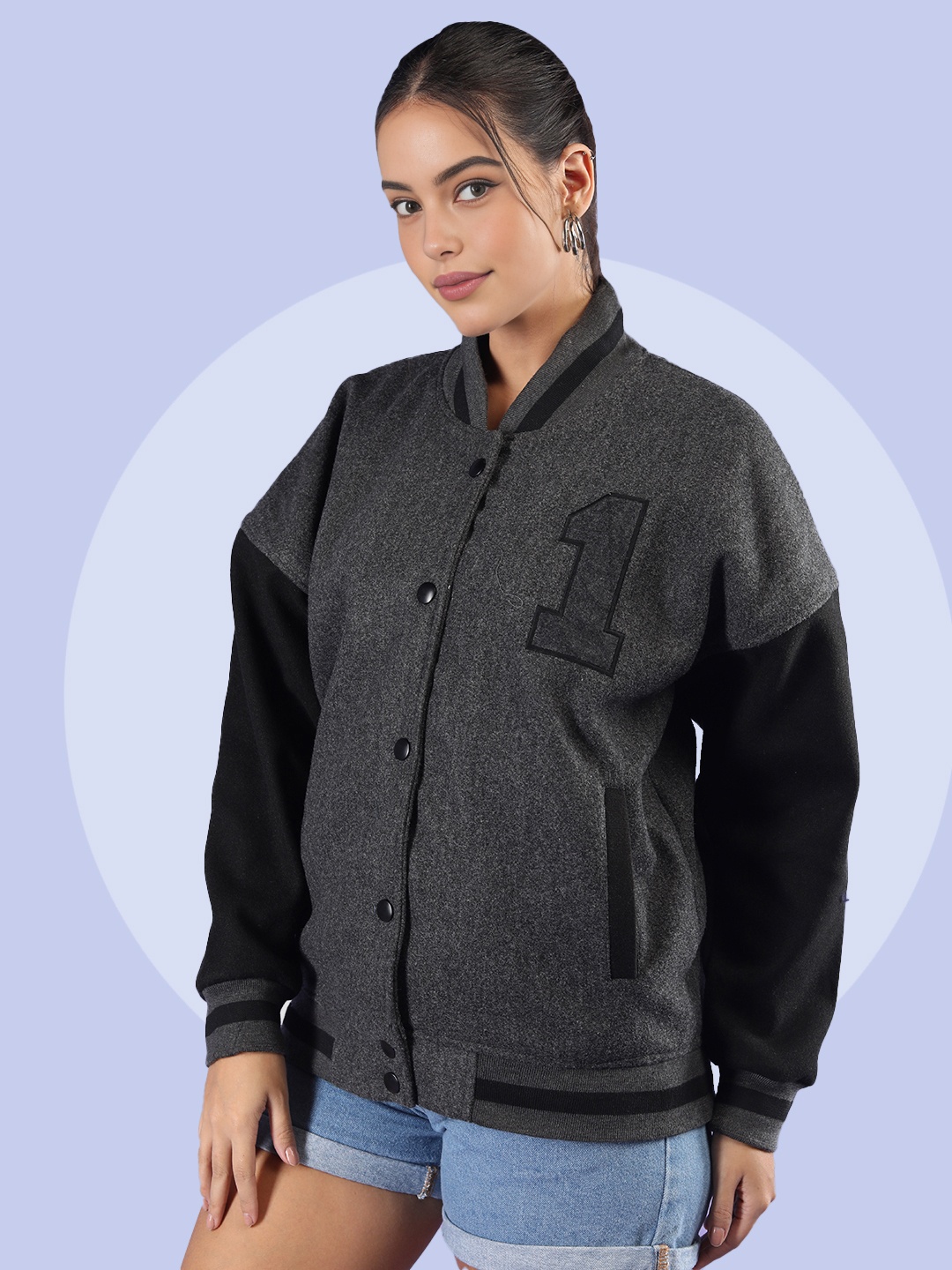 

The Roadster Lifestyle Co Oversized Fit Winter Wear Varsity Jacket With Ribbed Cuffs, Grey