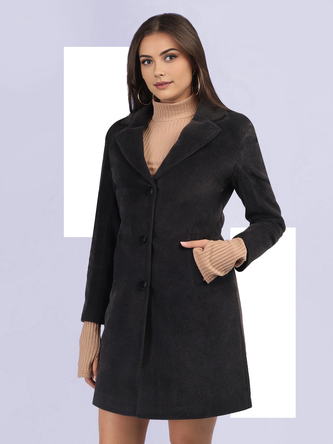 

The Roadster Lifestyle Co Women Winter Wear Lapel Collar Overcoat, Black
