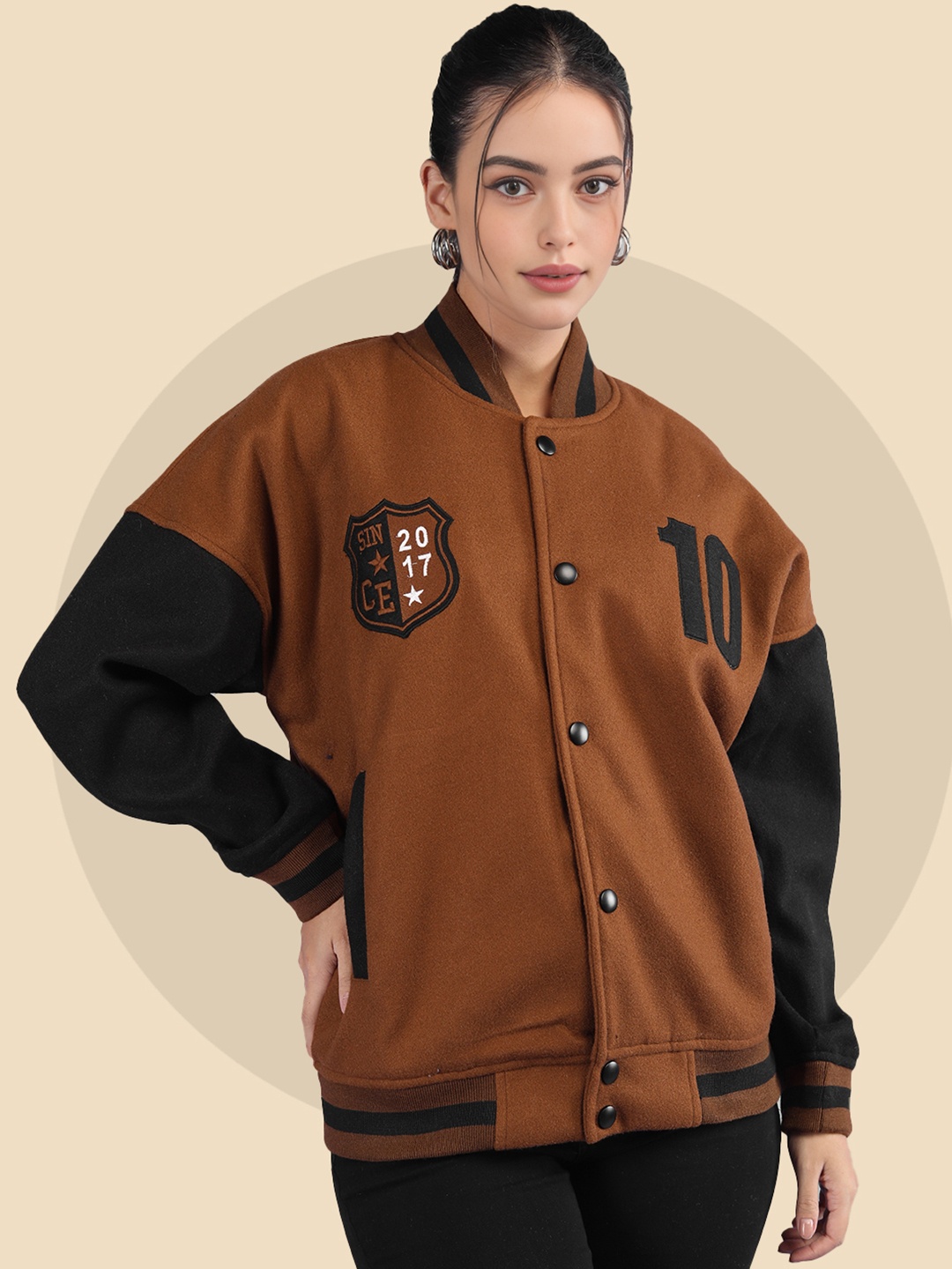 

The Roadster Lifestyle Co Oversized Fit Winter Wear Varsity Jacket With Ribbed Cuffs, Brown
