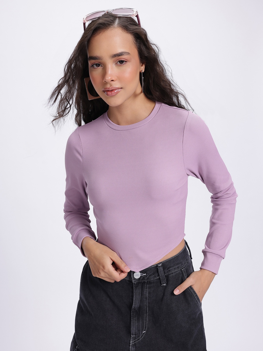 

glitchez Romantic Ribs Asymmetric Fitted Crop Top, Lavender