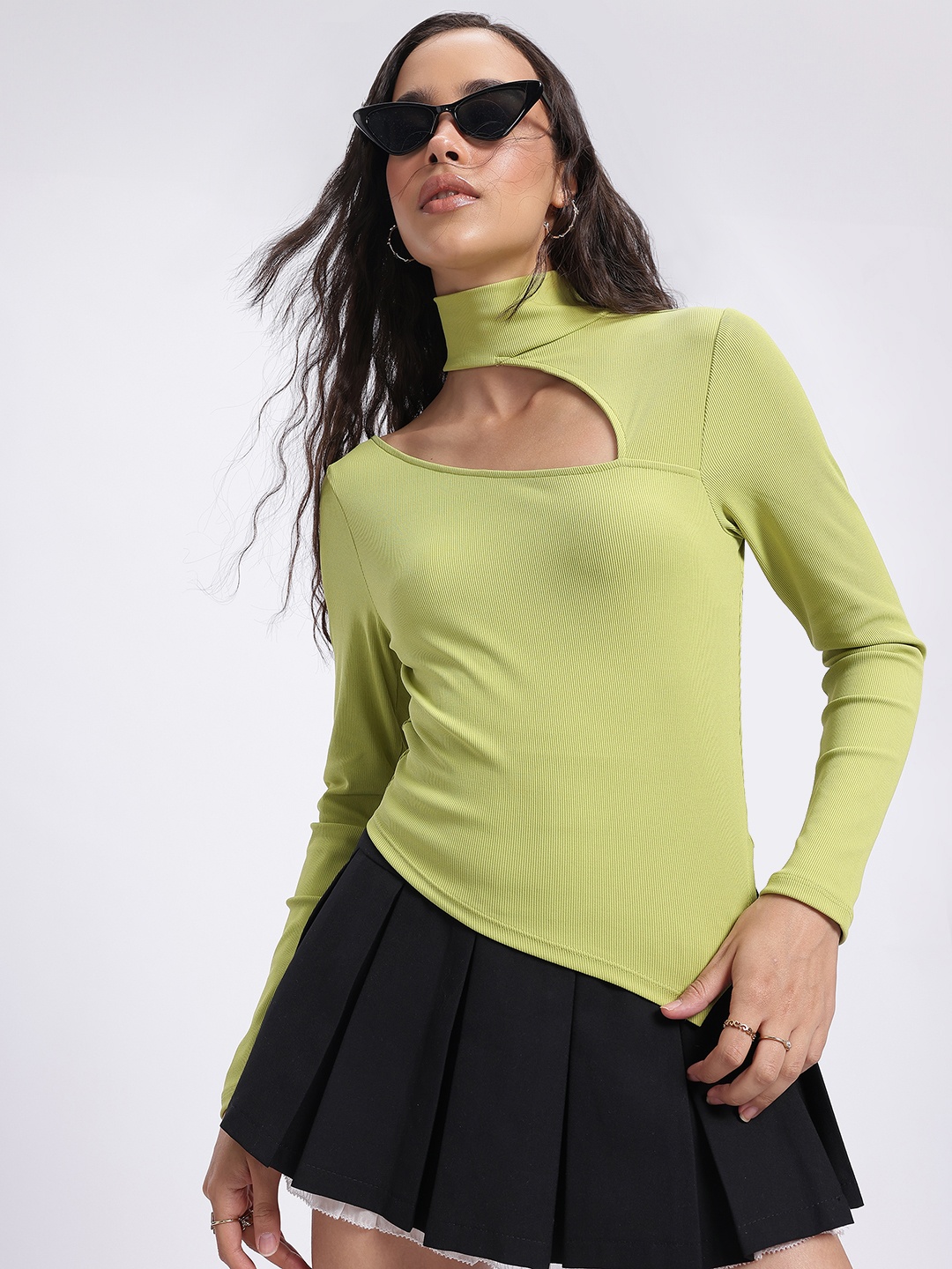 

glitchez Cut-Out Twist Ribbed Fitted Top, Lime green