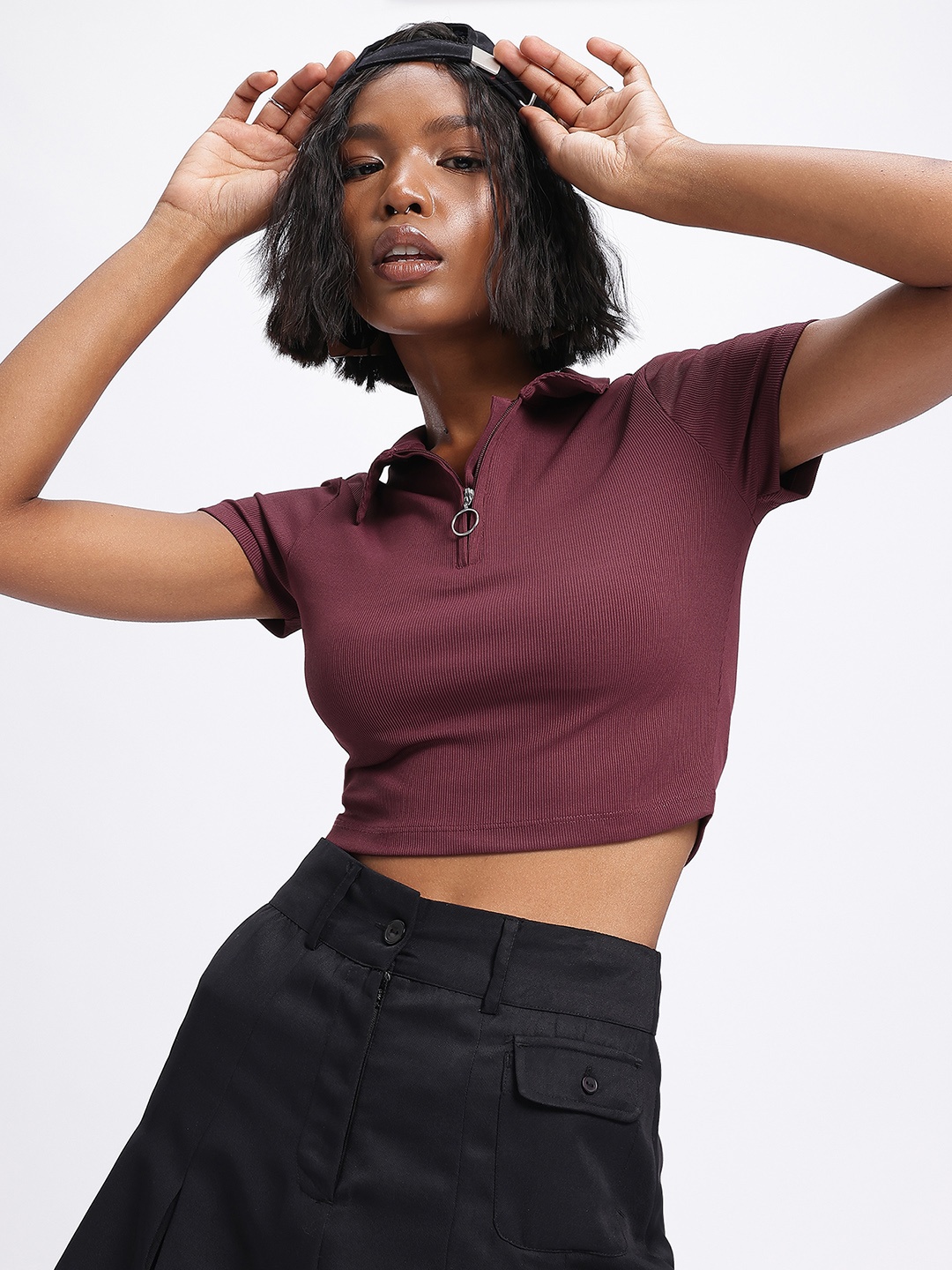 

glitchez Y2K Chic Sporty Shirt Collar Crop Top, Burgundy