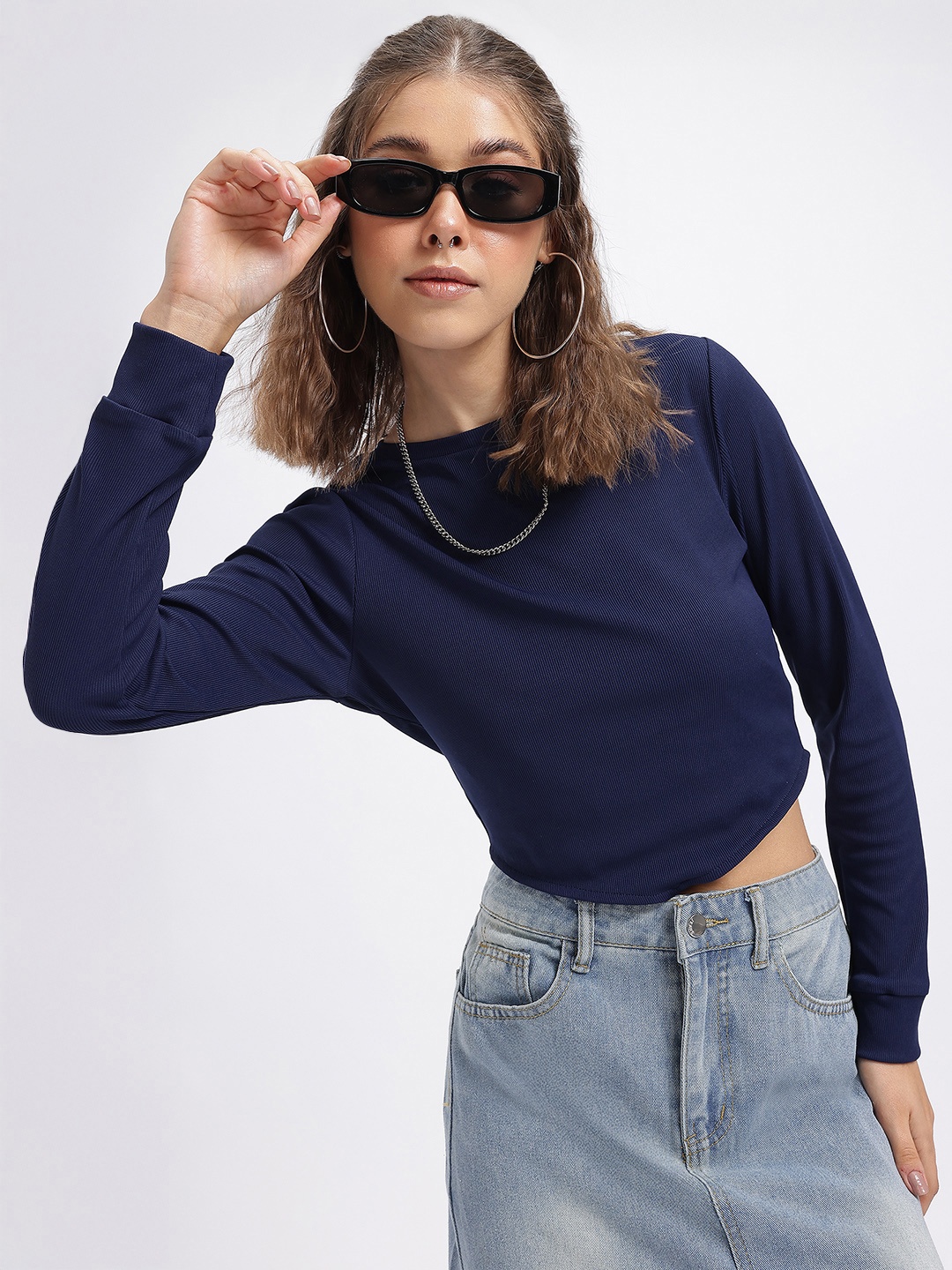 

glitchez Asymmetric Culture Ribbed Crop Top, Navy blue
