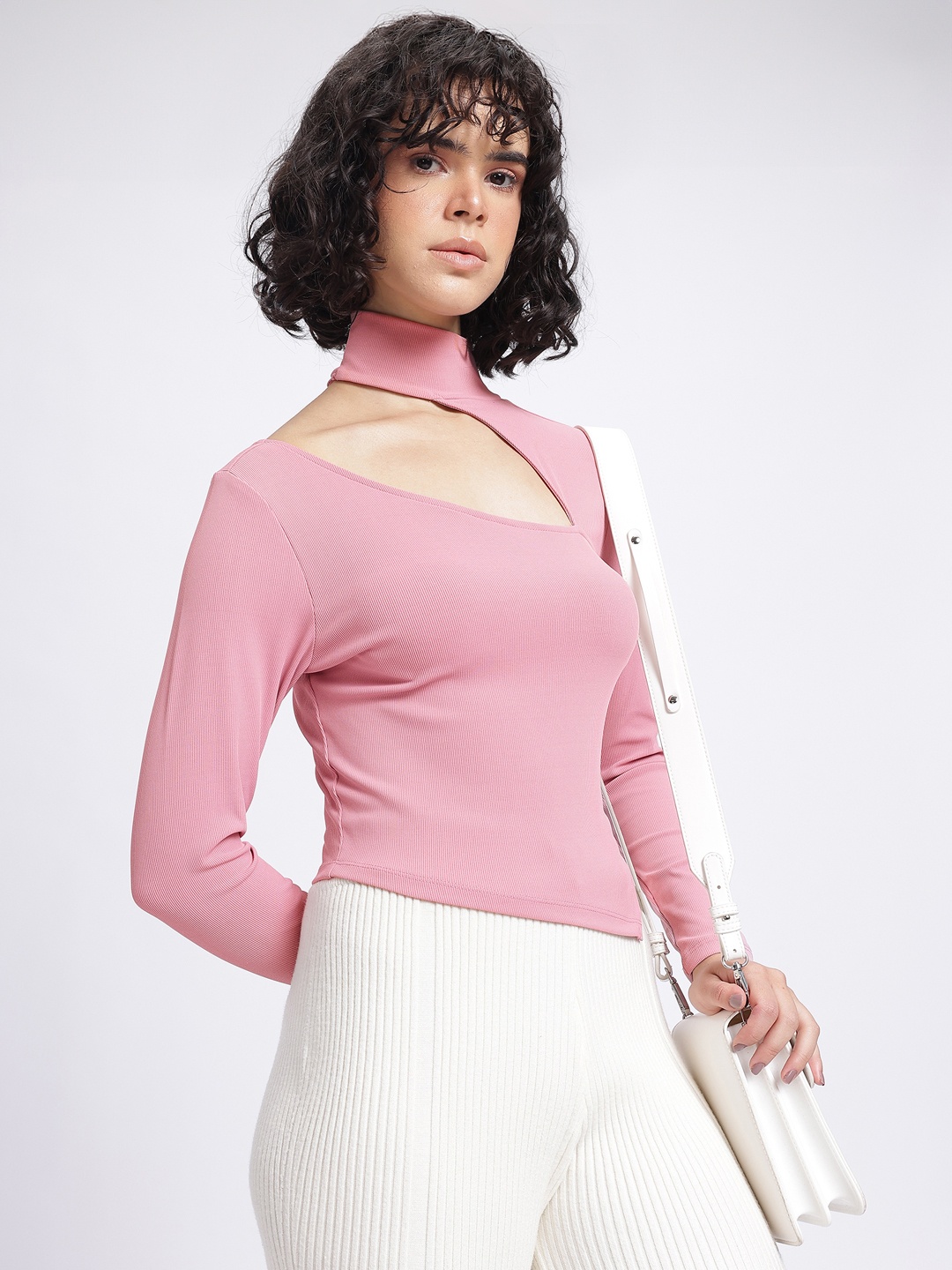 

glitchez Cut-Out Situation Ribbed Fitted Top, Pink