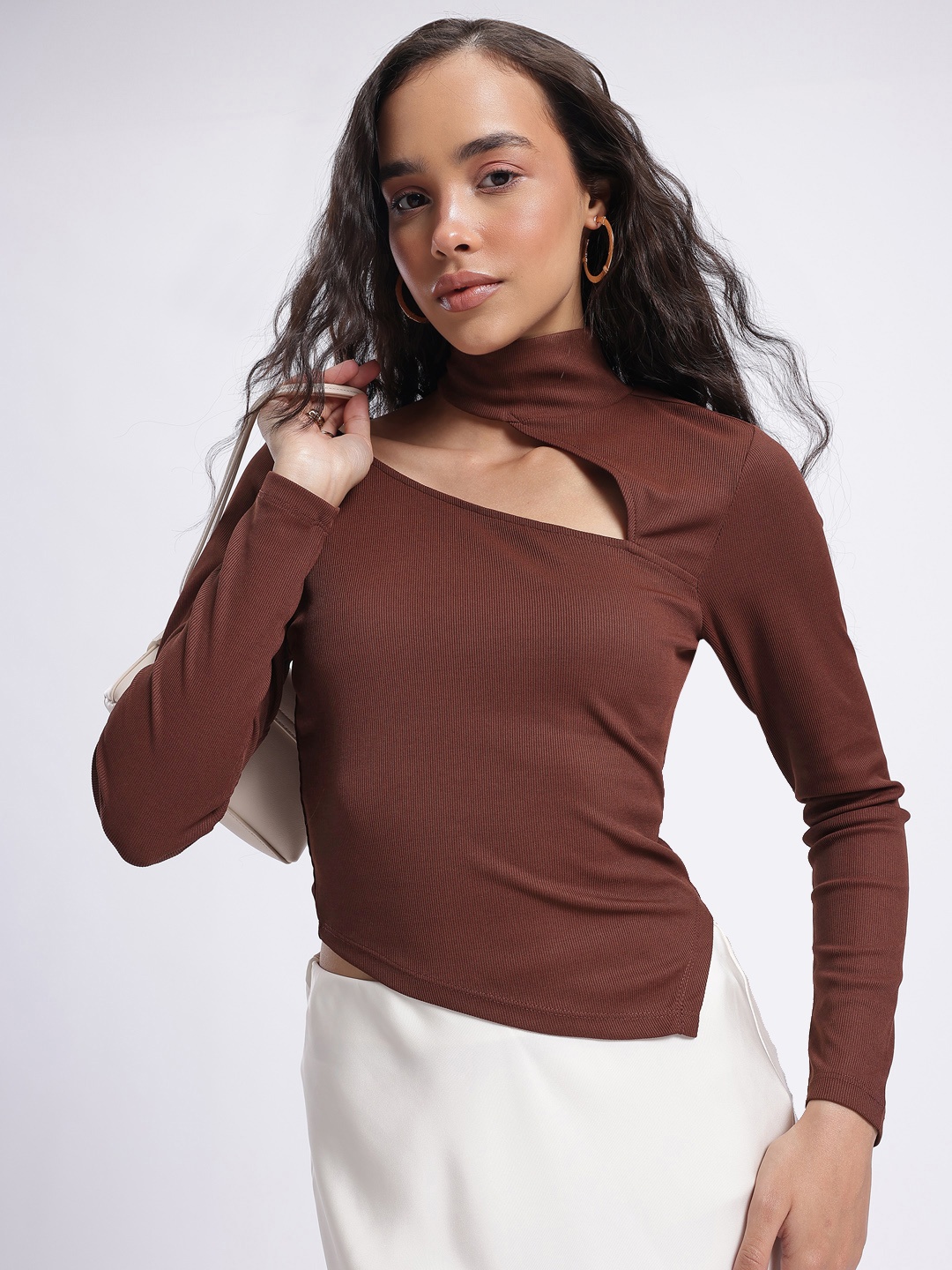 

glitchez Cut-Out Montage Ribbed Fitted Top, Brown