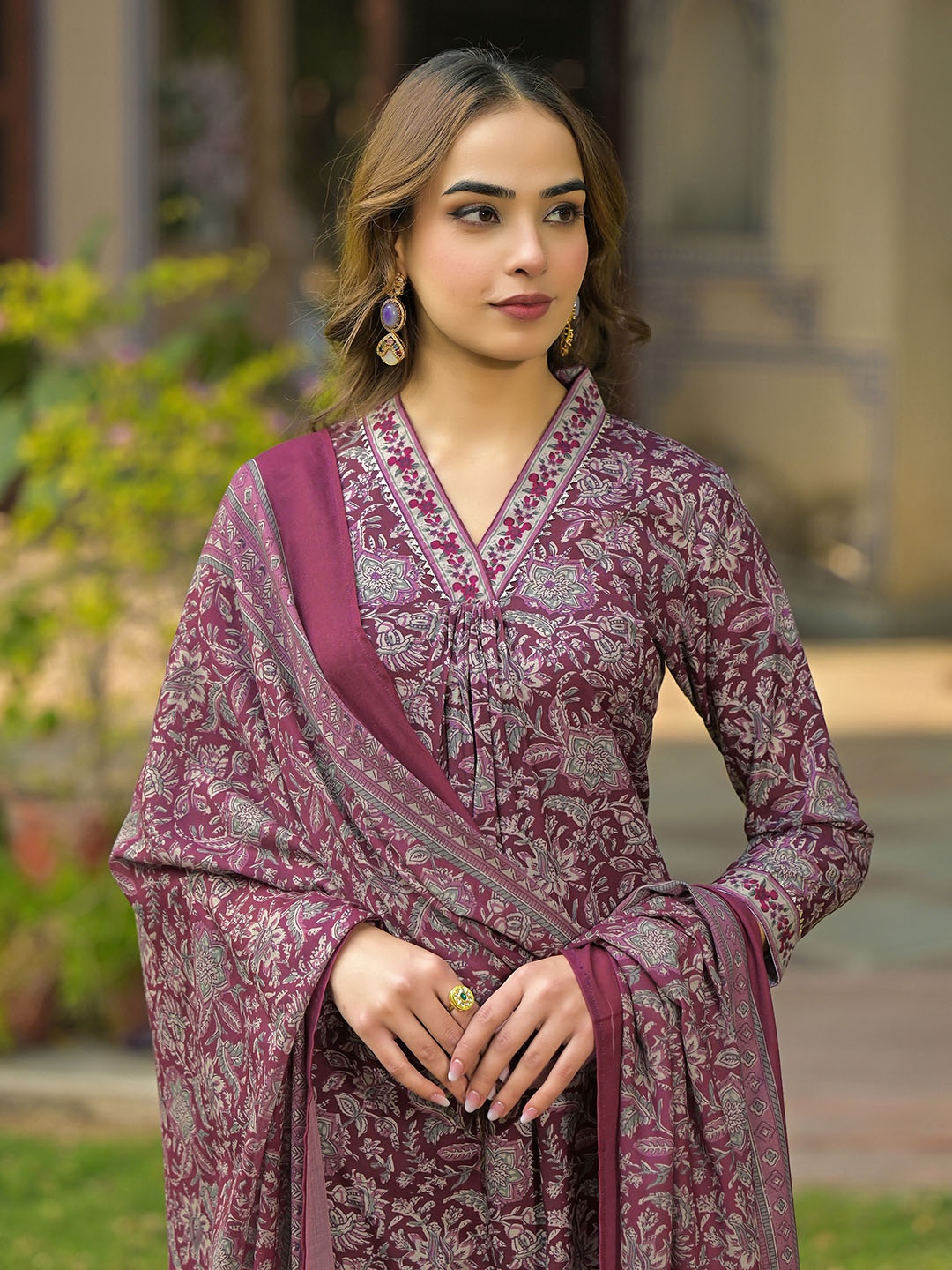 

AHIKA Burgundy Floral Printed Pleated A-Line Kurta With Trousers & Dupatta