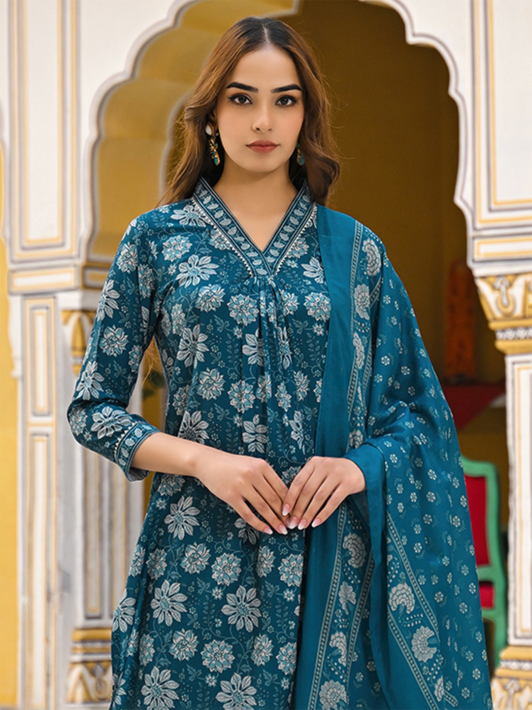 

AHIKA Blue Floral Printed Pleated A-Line Kurta With Trousers & Dupatta