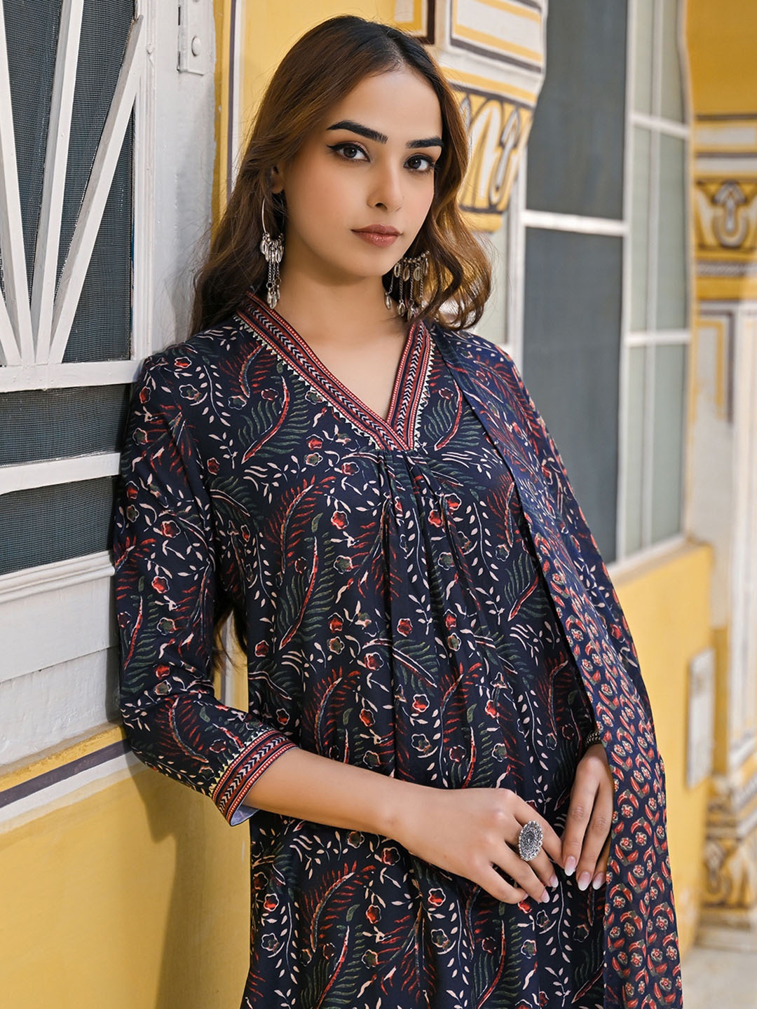 

AHIKA Navy Blue Floral Printed Pleated A-Line Kurta With Trousers & Dupatta