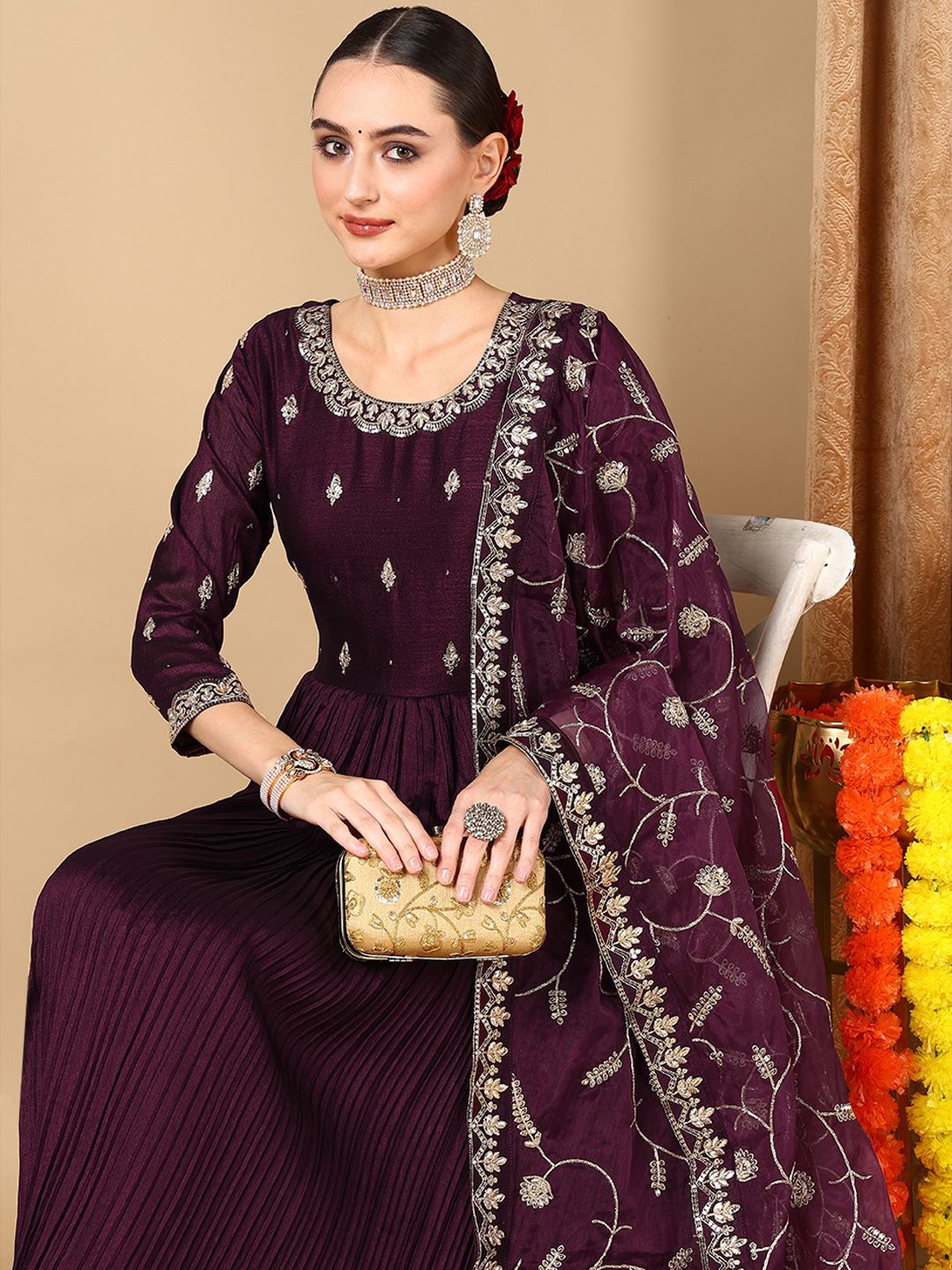 

KALINI Floral Embroidered Pleated Kurta With Trousers & Dupatta, Magenta