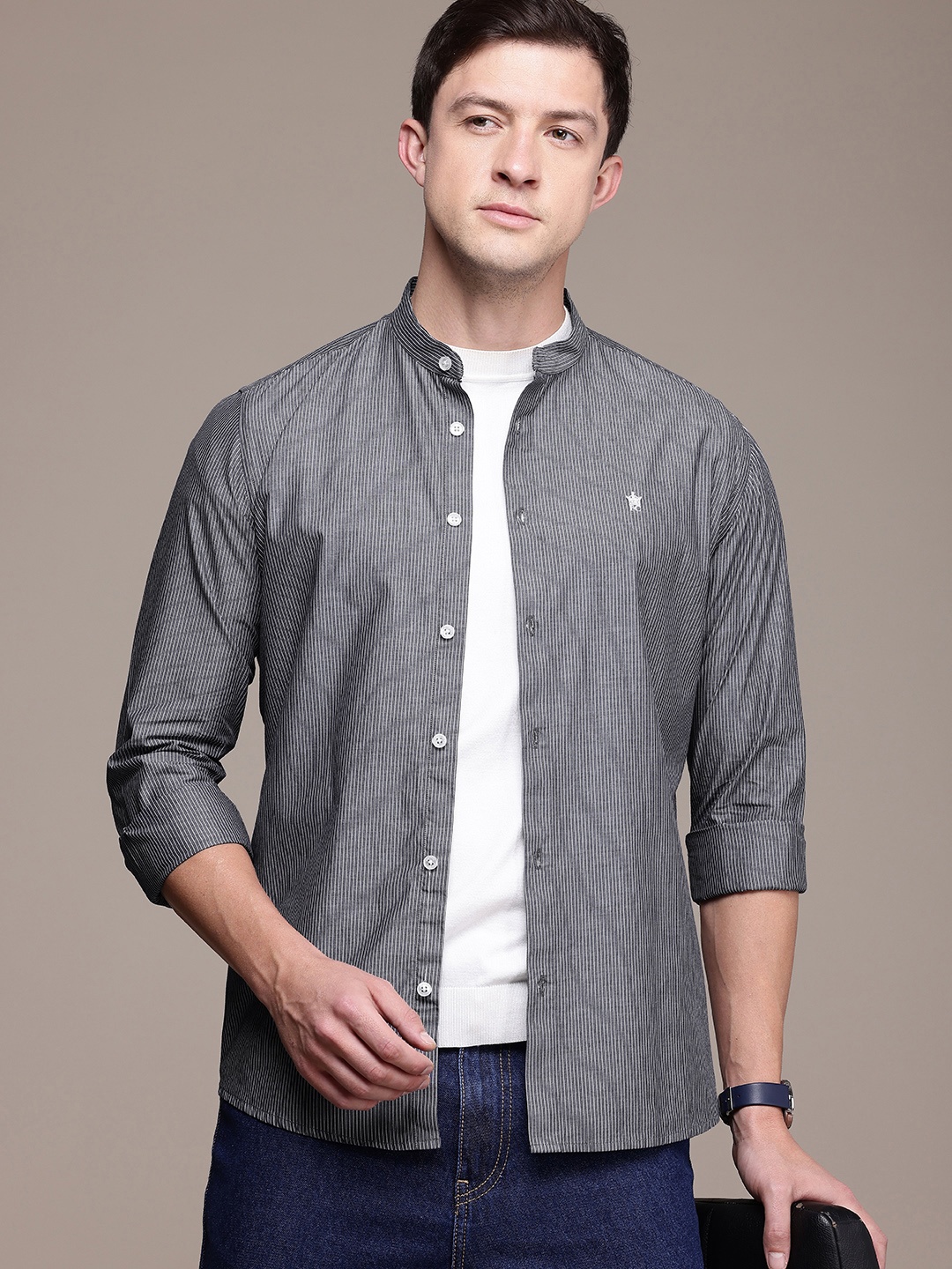 

French Connection Men Premium Slim Fit Striped Pure Cotton Casual Shirt, Black