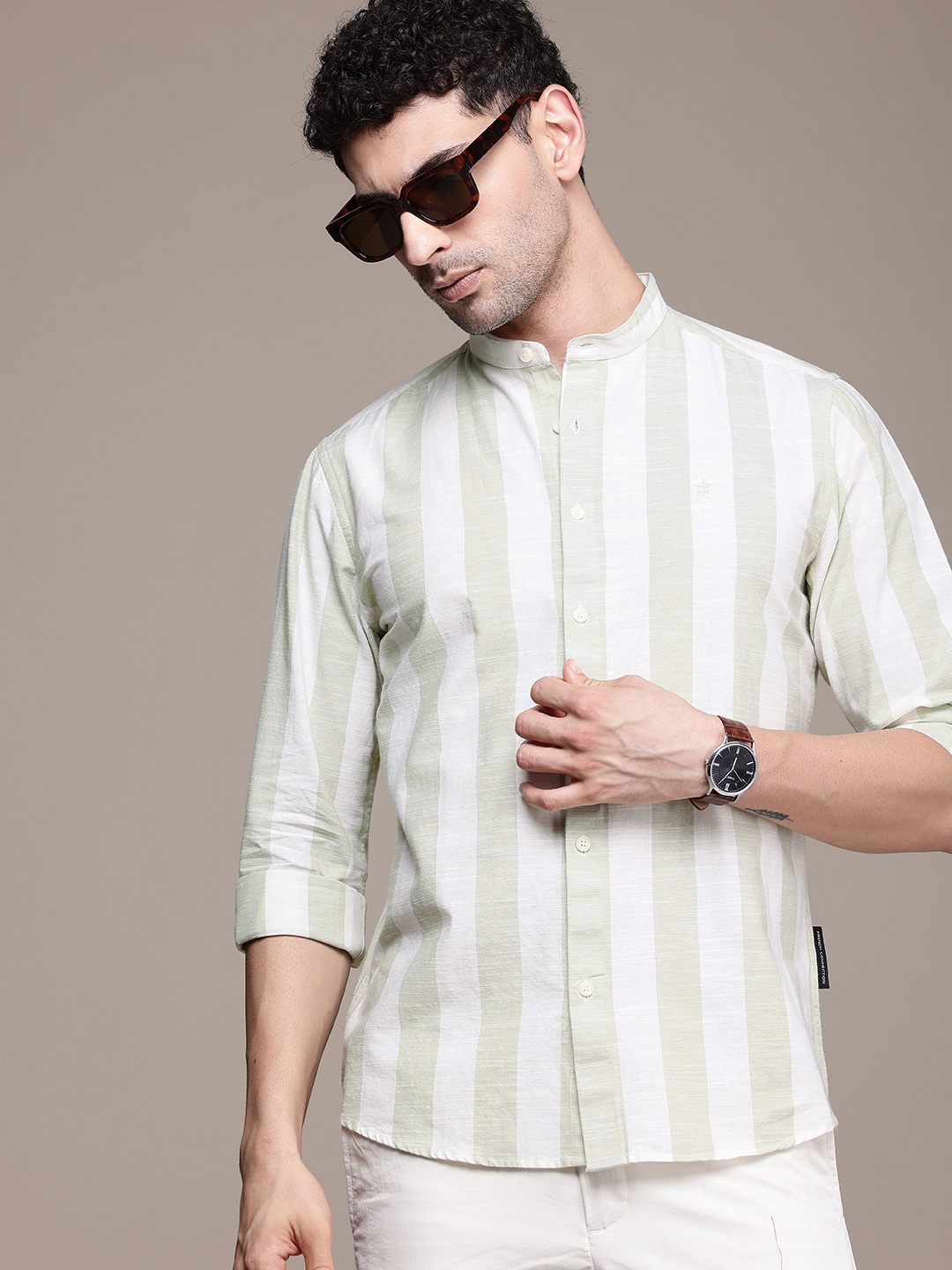 

French Connection Men Premium Slim Fit Striped Pure Cotton Slub Casual Shirt, Green