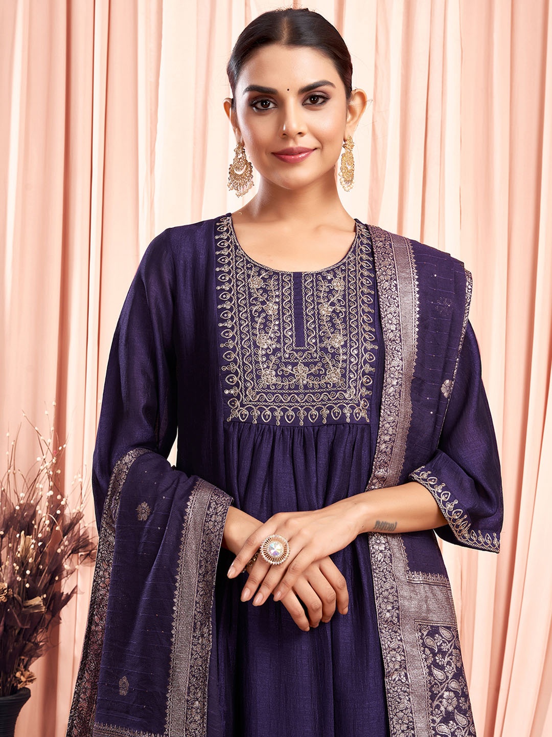 

KALINI Floral Embroidered Sequinned Kurta with Trouser & Dupatta, Purple