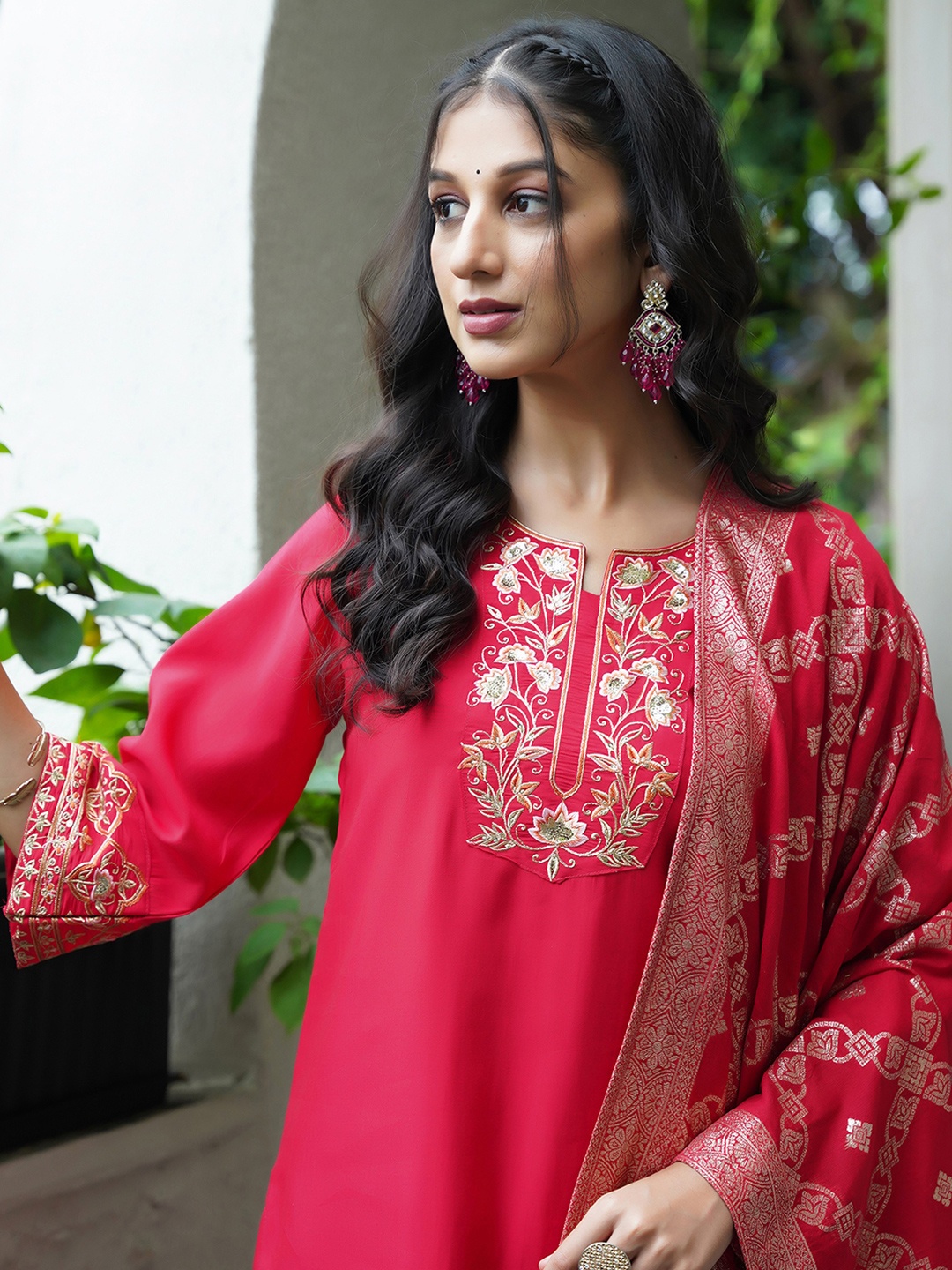 

KALINI Ethnic Motifs Embroidered Sequinned Kurta With Trousers & Dupatta, Pink