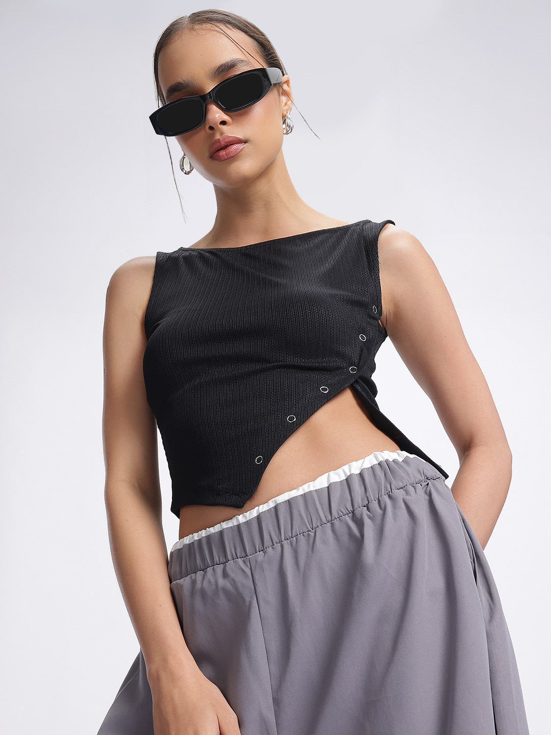 

glitchez Asymmetric Chic Textured Knit Button-Up Fitted Top, Black