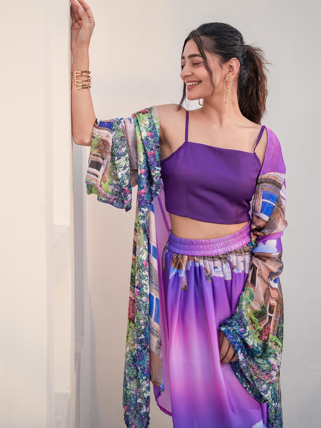 

MQ Marquino Shoulder Straps Top With Trousers & Shrug, Purple