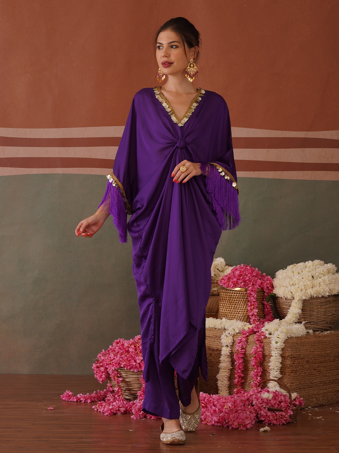 MQ Marquino V-Neck Self Draped Kaftan Top With Trouser, Purple