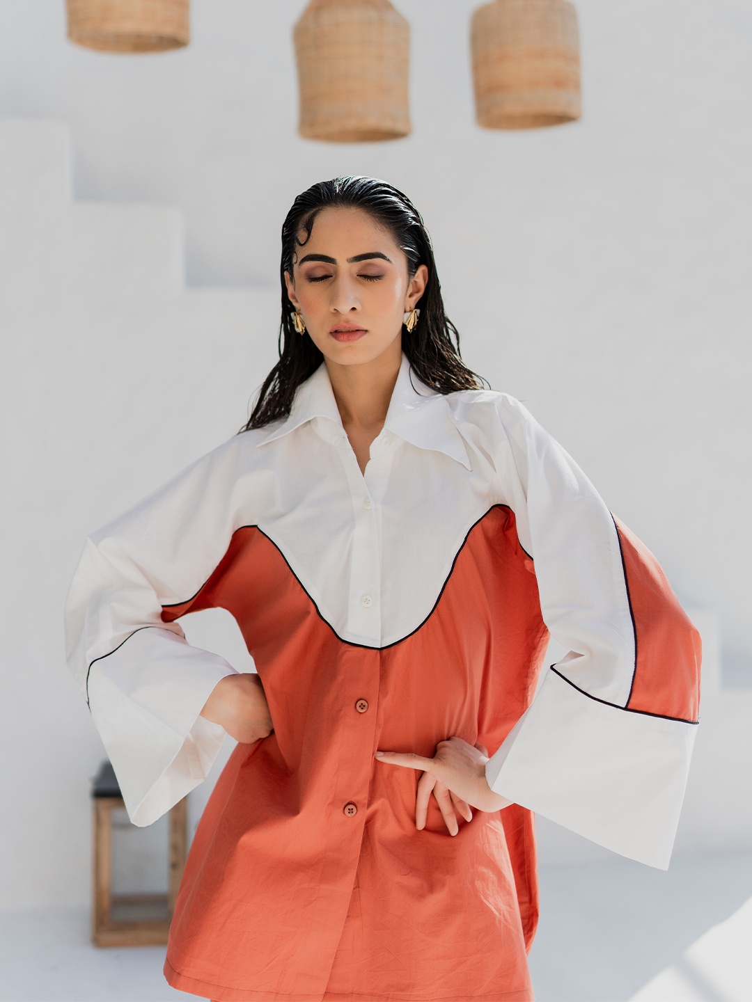 

MQ Marquino Colourblocked Organic Cotton Shirt With Trousers, Orange