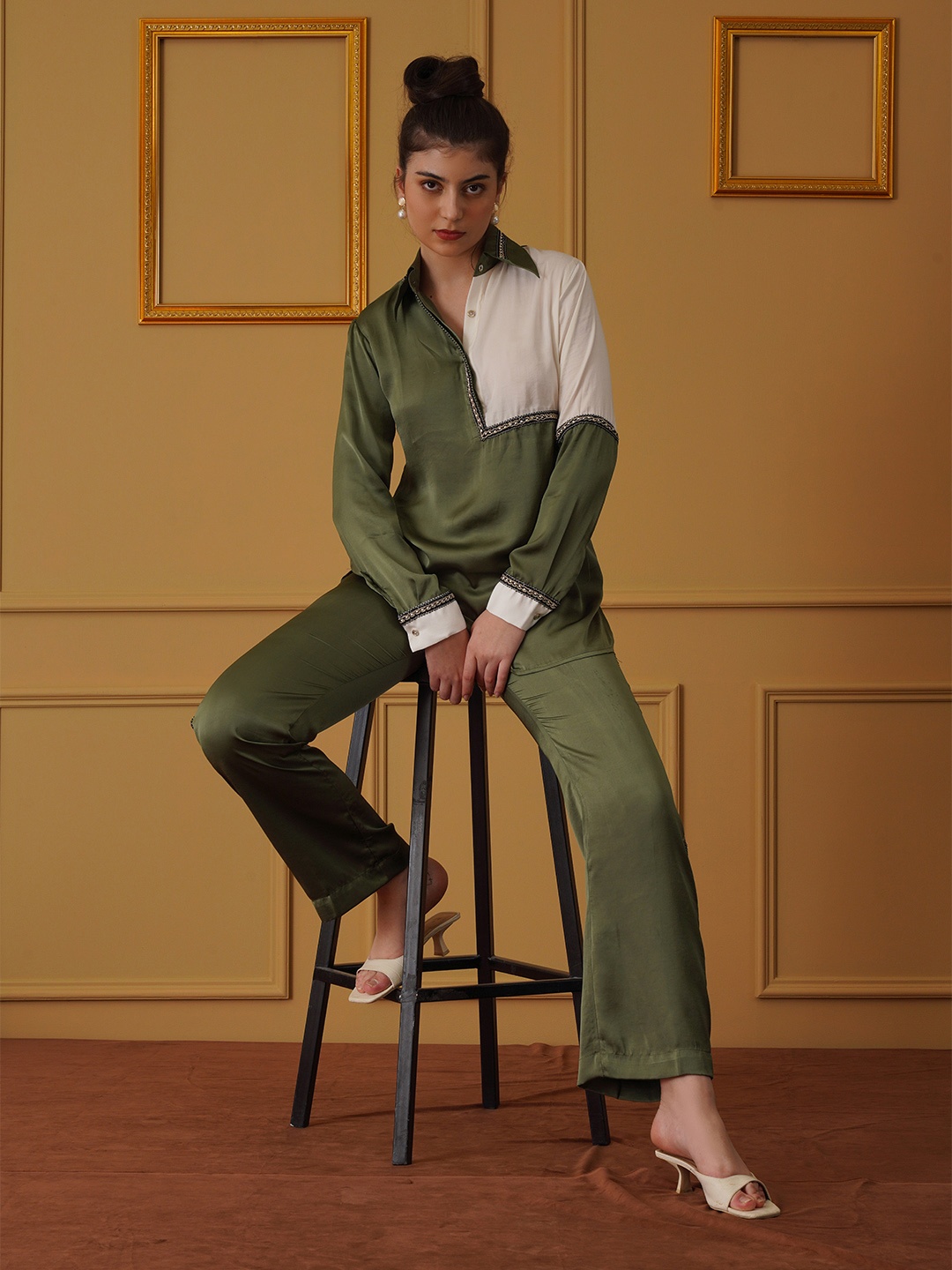 

MQ Marquino Colorblocked Long Sleeves Shirt With Trousers, Olive