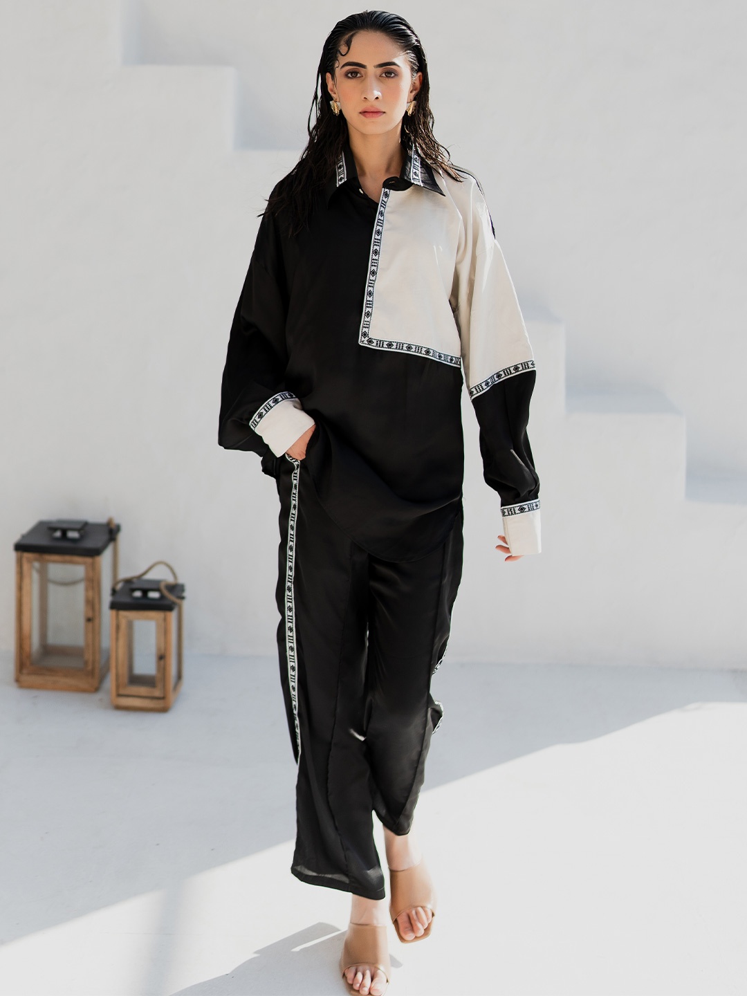 

MQ Marquino Colourblocked Shirt Collar Long Sleeves Top With Trouser, White