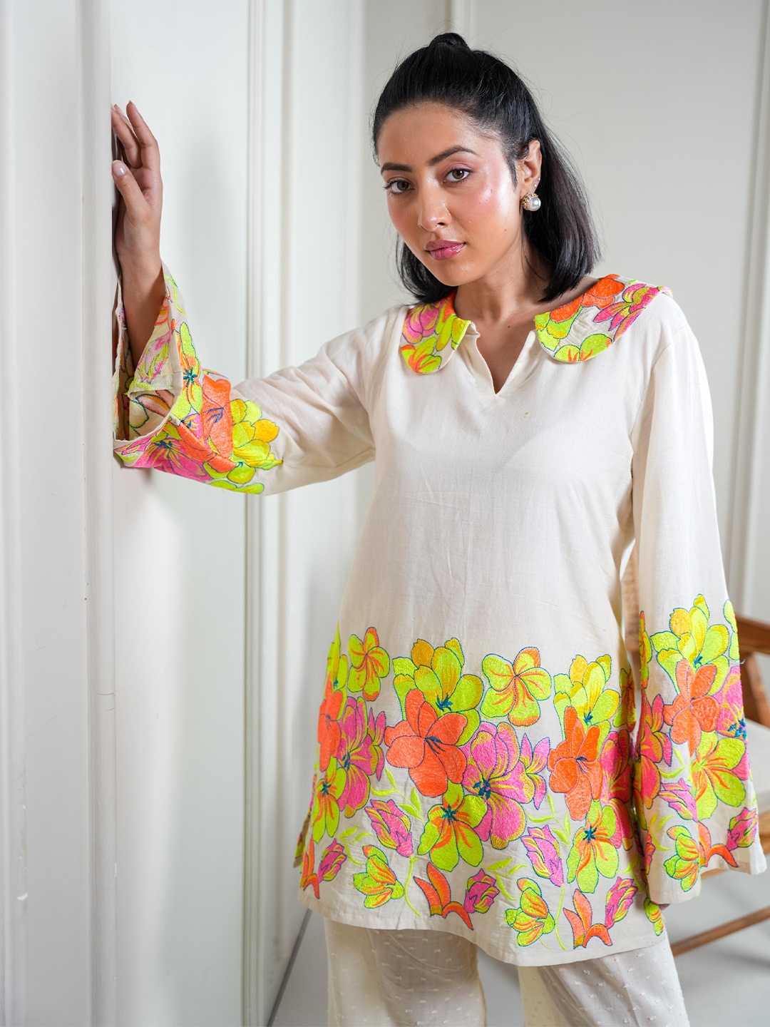 

MQ Marquino Floral Printed Peter Pan Collar Top With Trousers, Cream