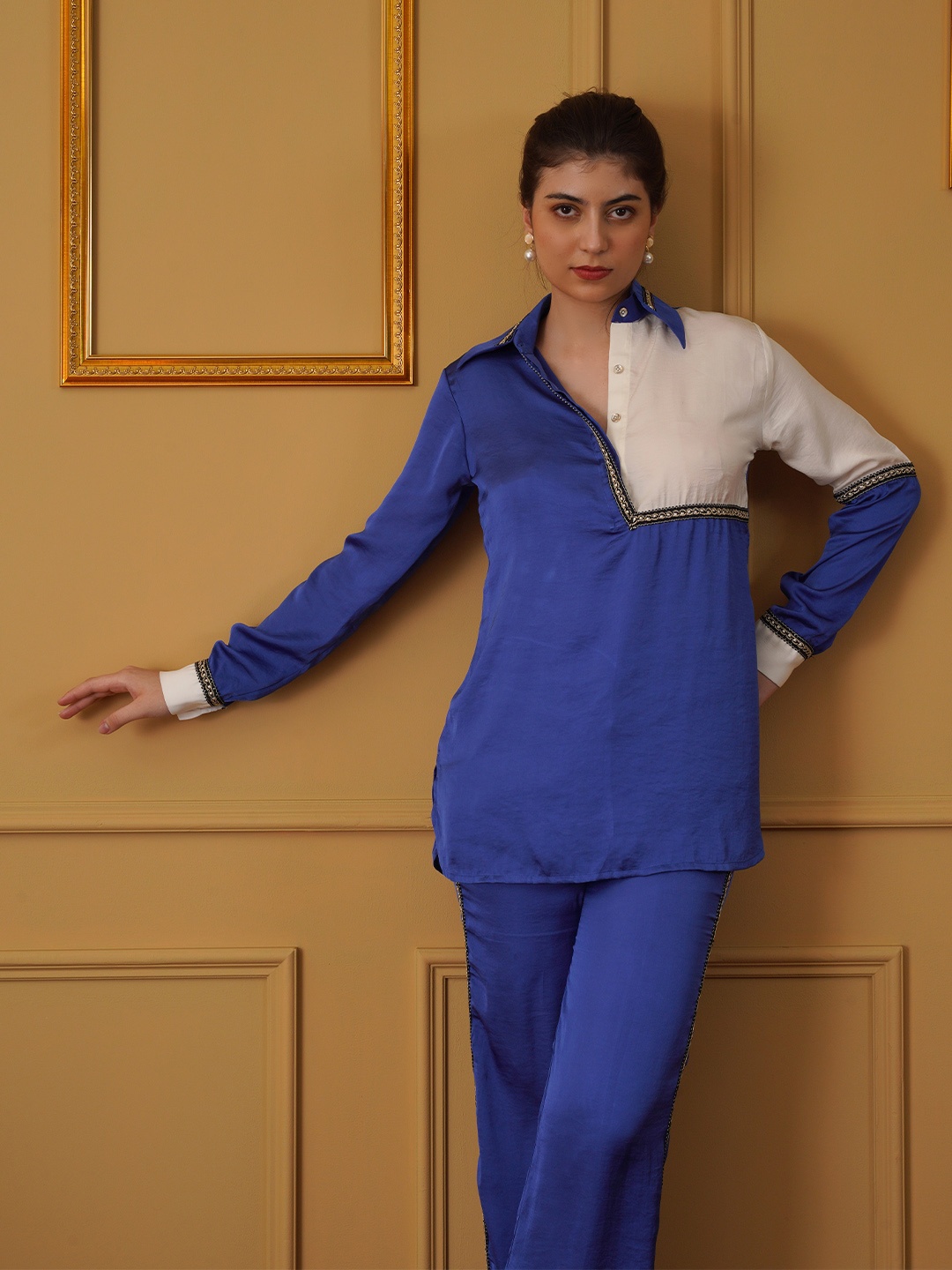

MQ Marquino Colourblocked Shirt Collar Long Sleeves Top With Trouser, Blue