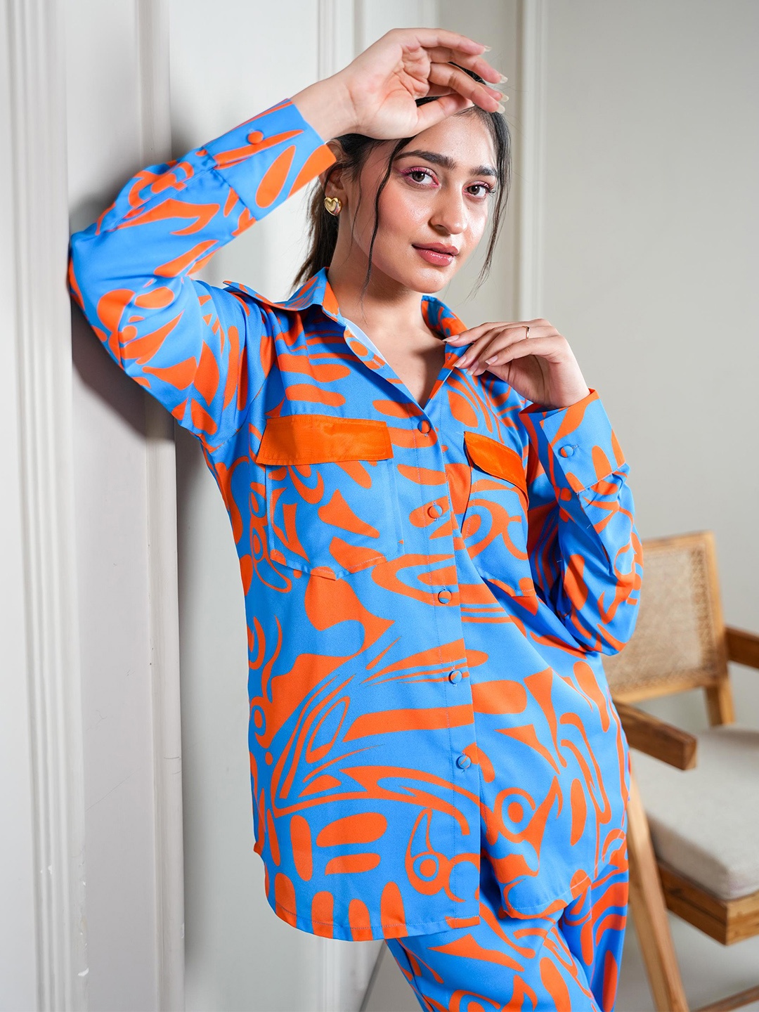 

MQ Marquino Printed Shirt Collar Long Sleeves Shirt With Trouser, Orange