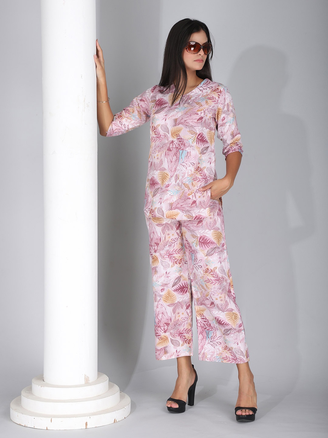 

FIMS V-Neck Printed Tunic & Palazzo, Purple