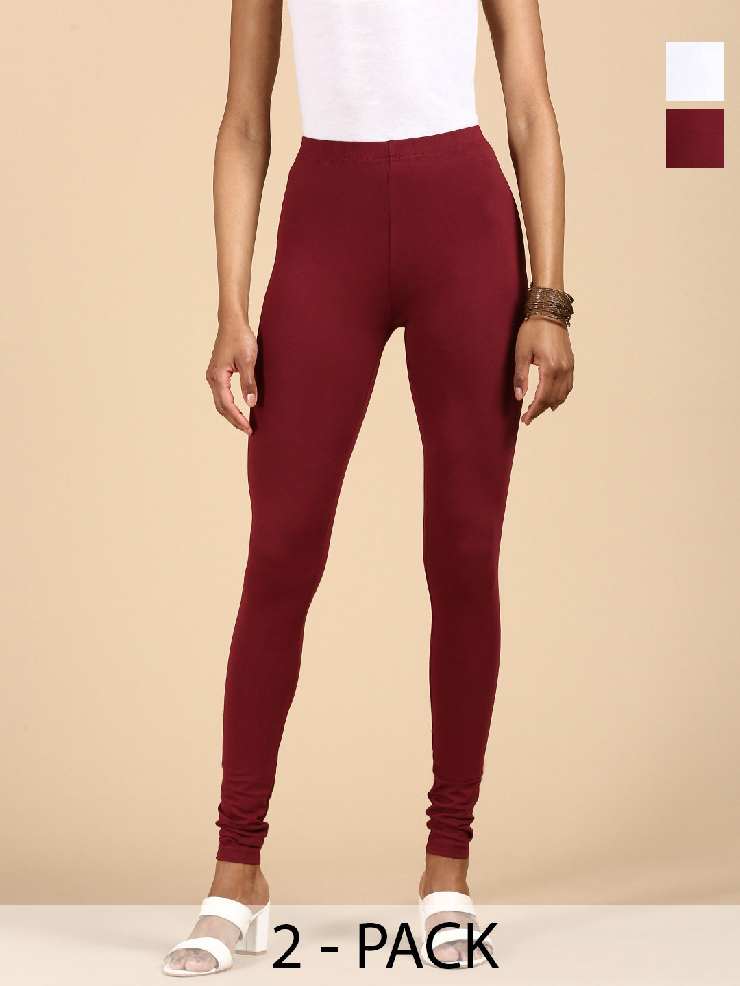 

De Moza Women Pack Of 2 Churidar-Length Cotton Leggings, White