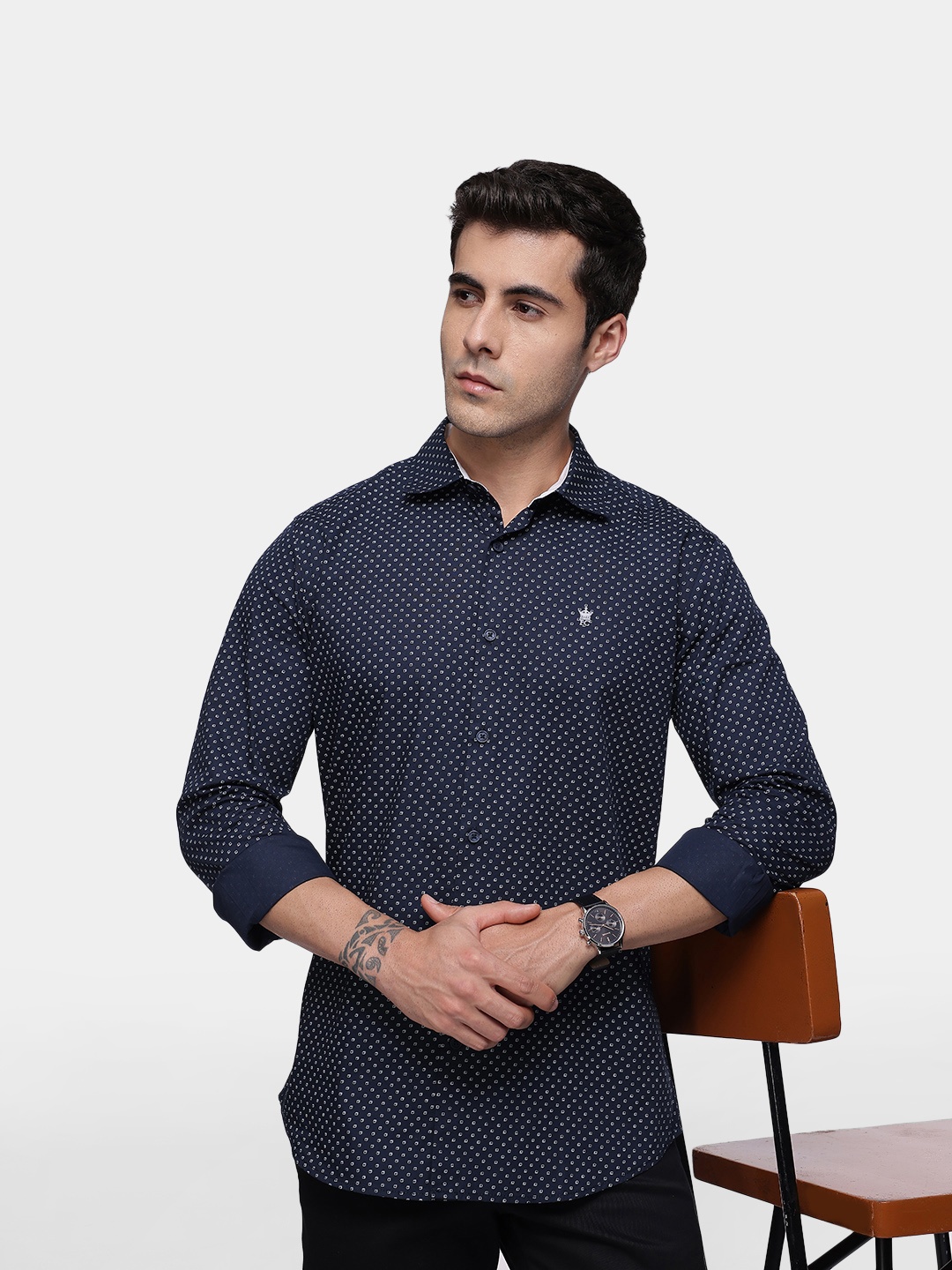 

French Connection Premium Slim Fit Printed Pure Cotton Casual Shirt, Navy blue