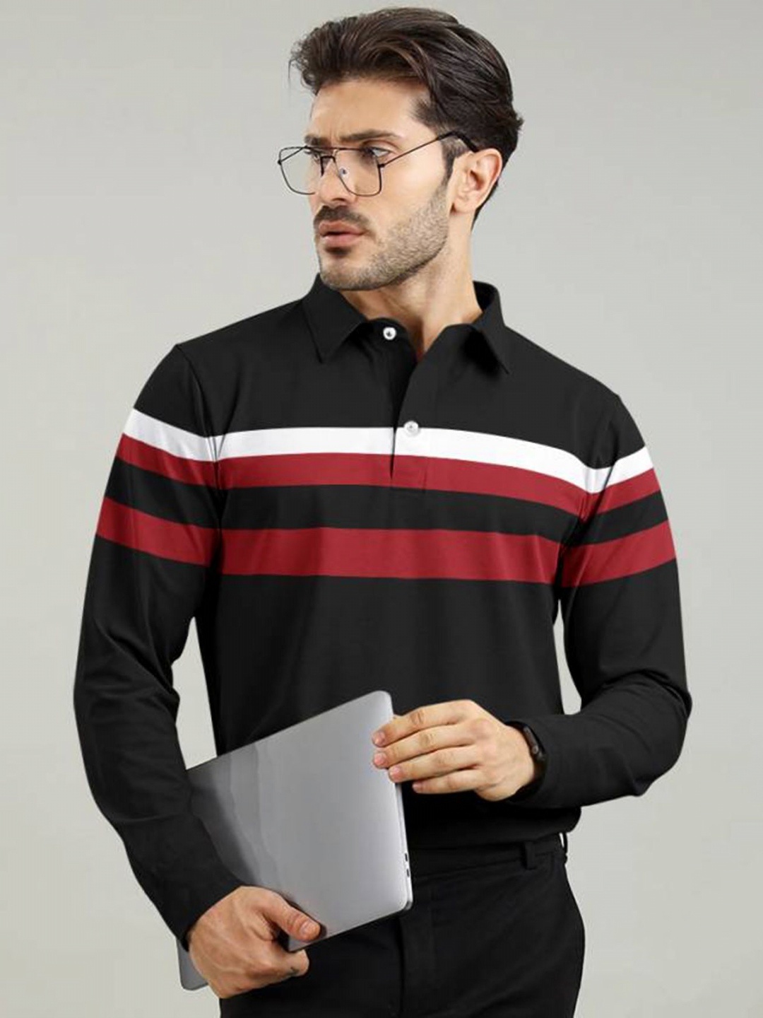 

AUSK Striped Full Sleeve Polo Tshirt, Black