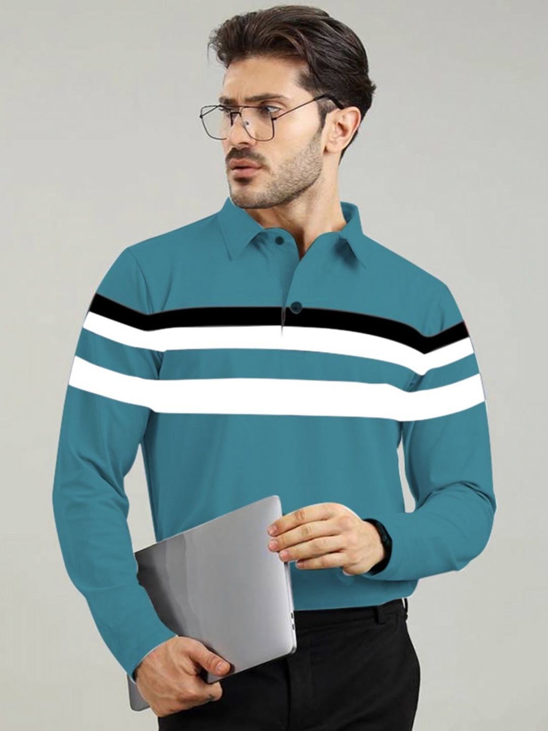 

AUSK Striped Full Sleeve Polo Tshirt, Turquoise blue