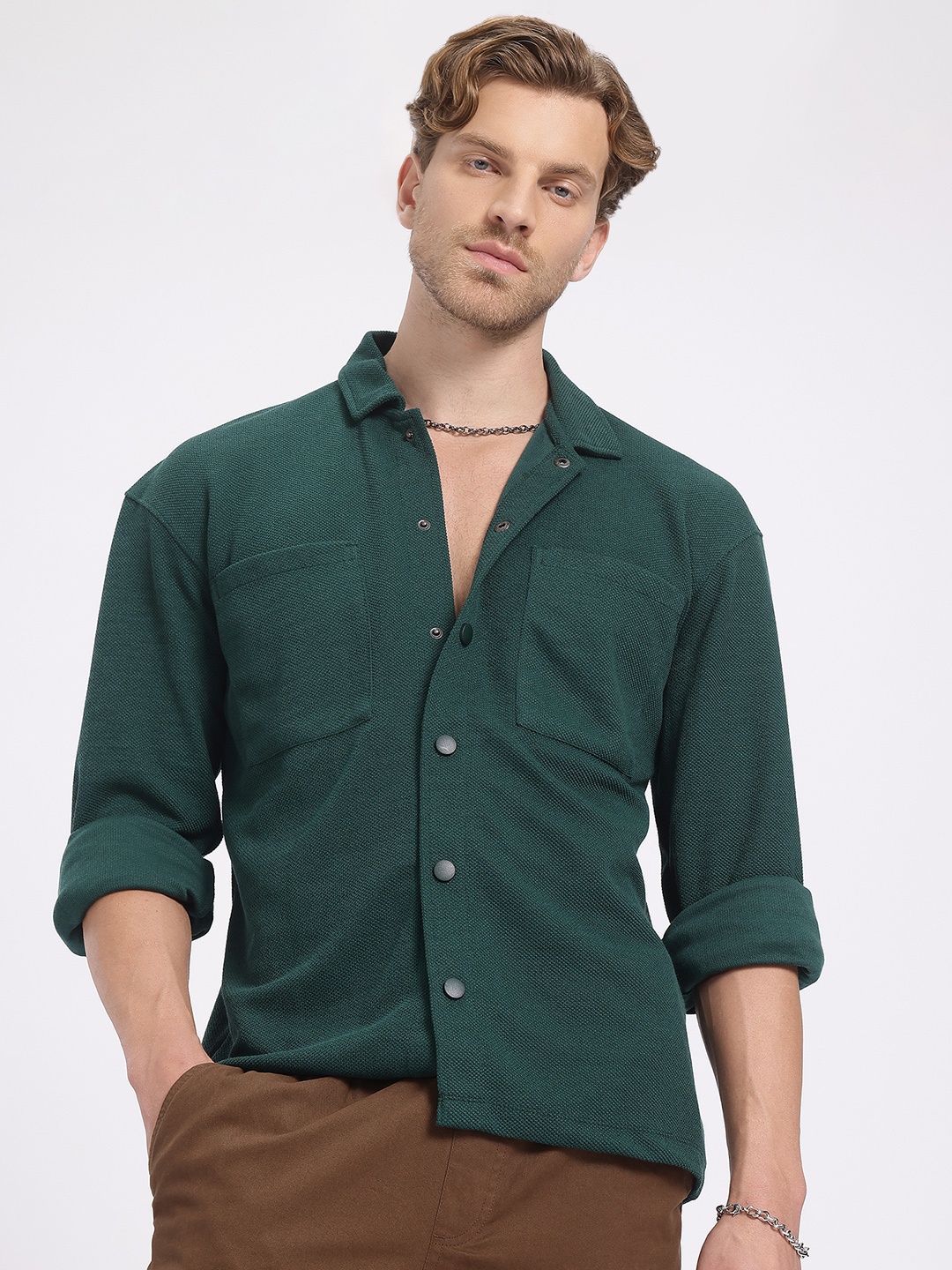 

glitchez Grain Shift Pique Knit Textured Shirt, Green