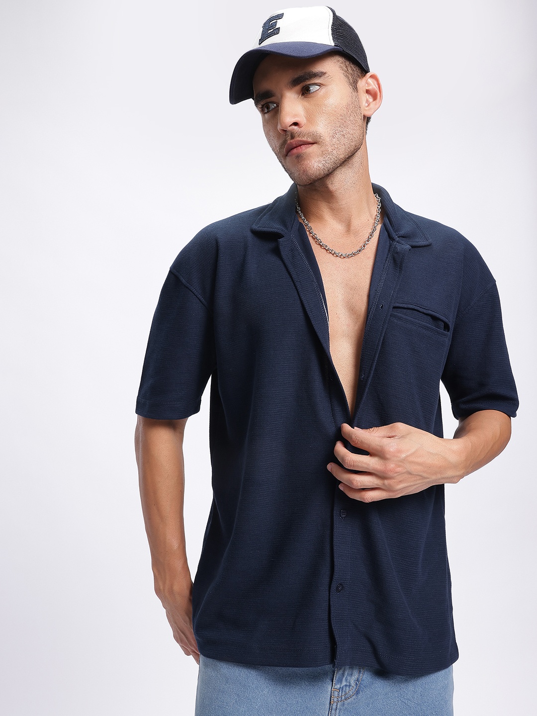 

glitchez Streetwise Silhouette Zig Zag Textured Drop-Sleeves Relaxed Fit Shirt, Navy blue