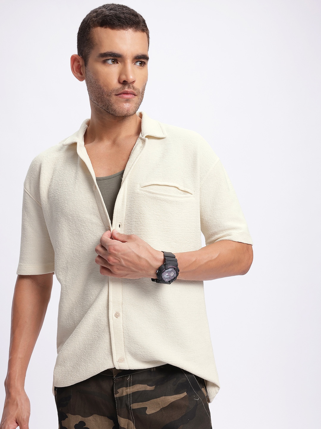 

glitchez Laid-Back Layers Ottoman Textured Relaxed Shirt, Off white
