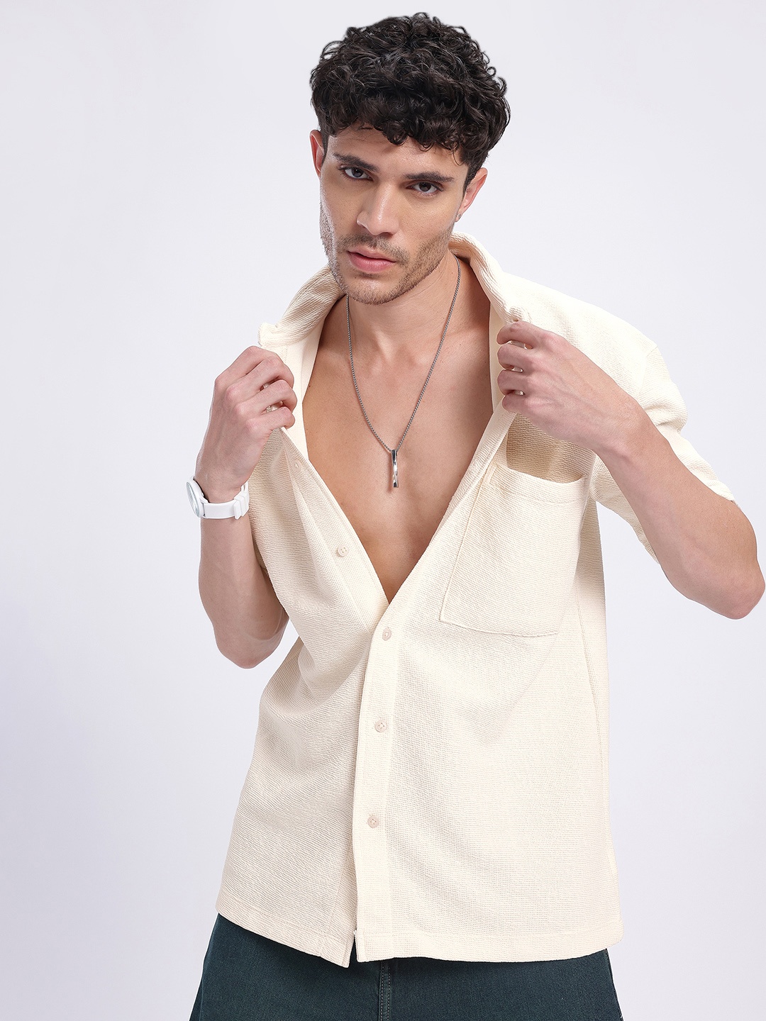 

glitchez Textured & Unbothered Ottoman Relaxed Shirt, Beige