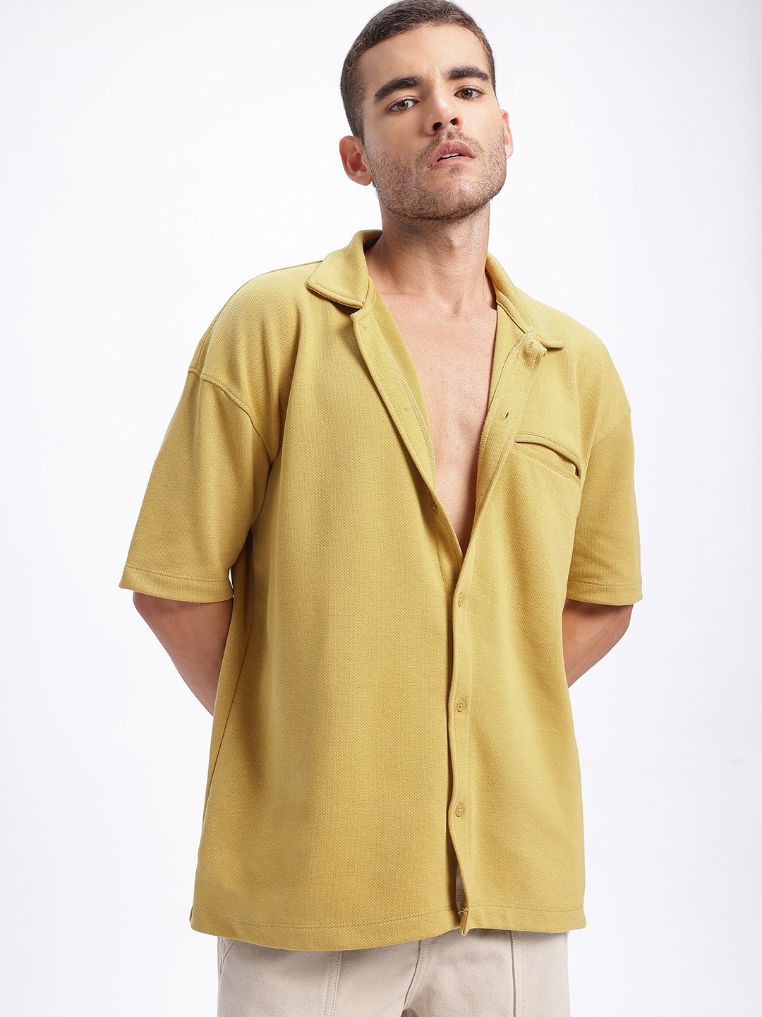 

glitchez Cozy Knits Textured Drop-Shoulder Relaxed Shirt, Mustard