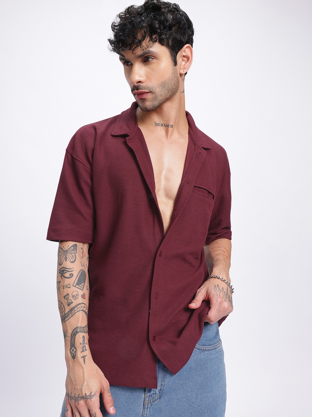 

glitchez Comfort Edge Textured Drop-Shoulder Relaxed Shirt, Burgundy