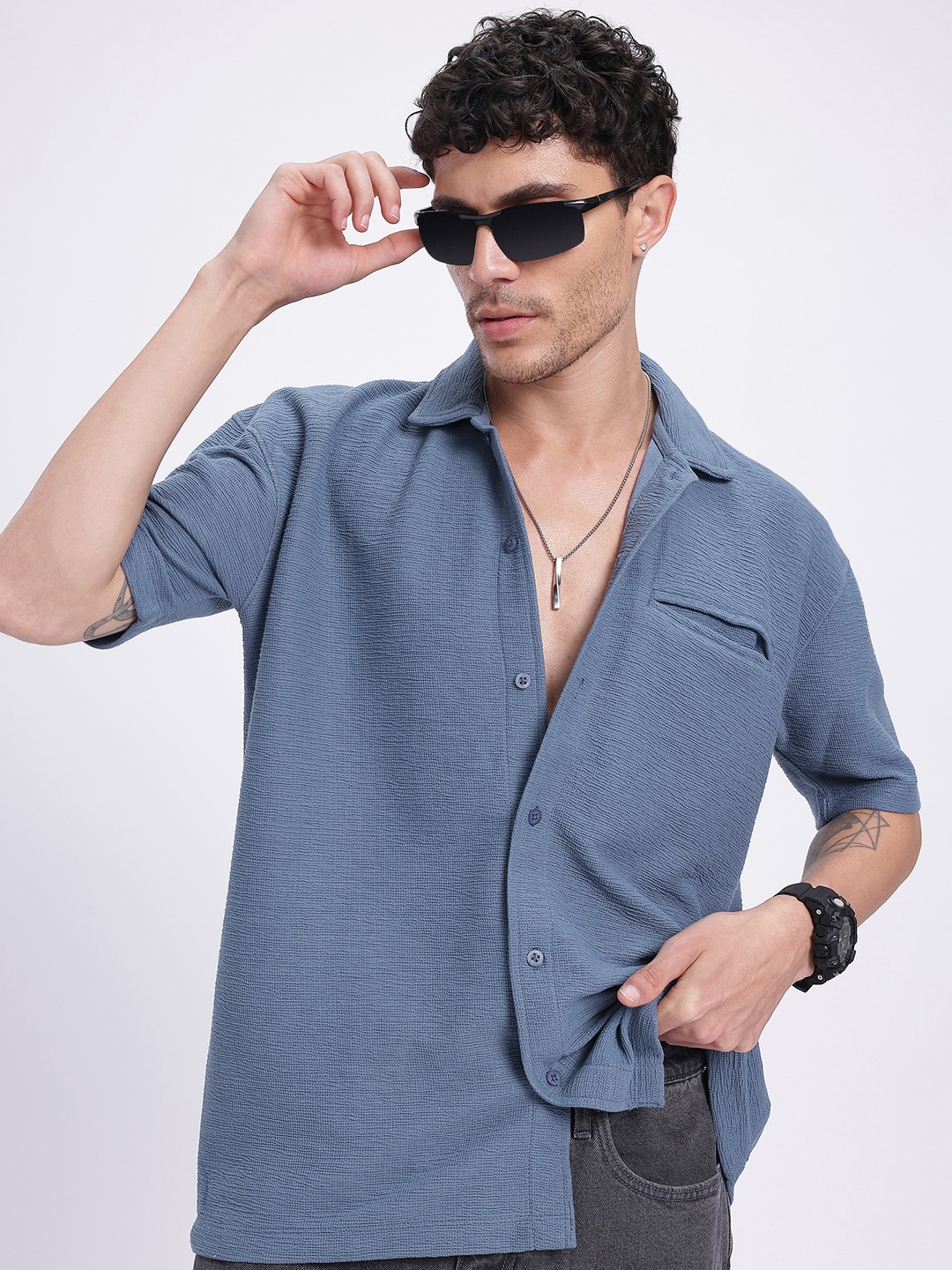 

glitchez Laid-Back Luxe Textured Relaxed Shirt, Blue