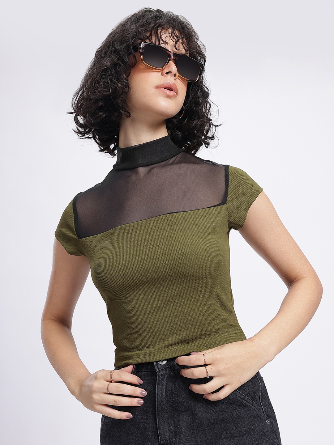 

glitchez Illusion Drape Textured Top, Olive