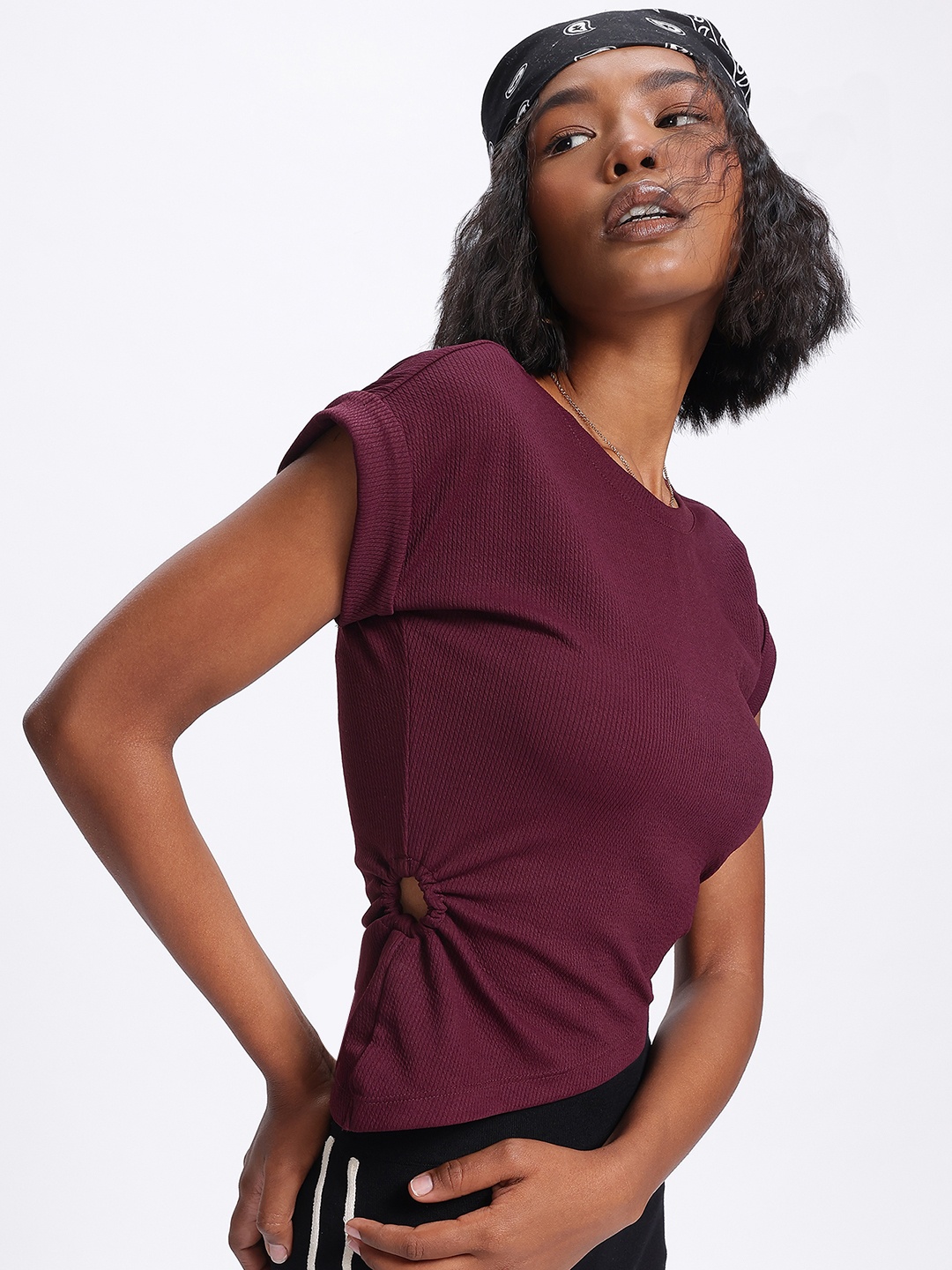 

glitchez Asymmetric Edge Cut-Out Textured Rib Ruched Top, Burgundy