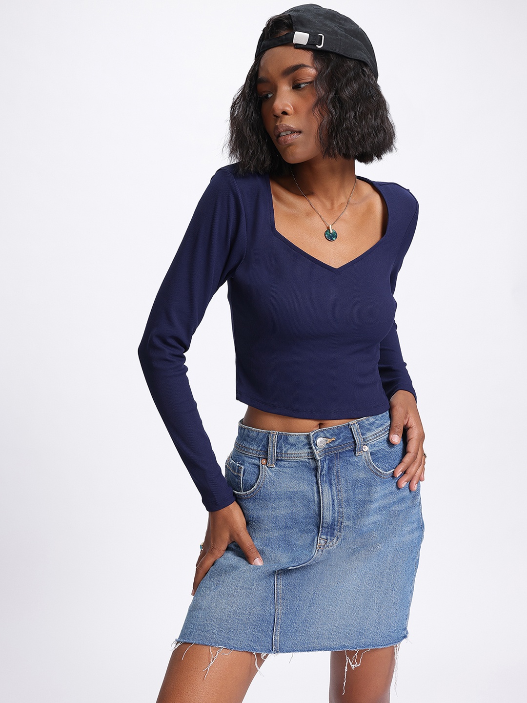 

glitchez Basic Knits Ribbed Crop Fitted Top, Navy blue