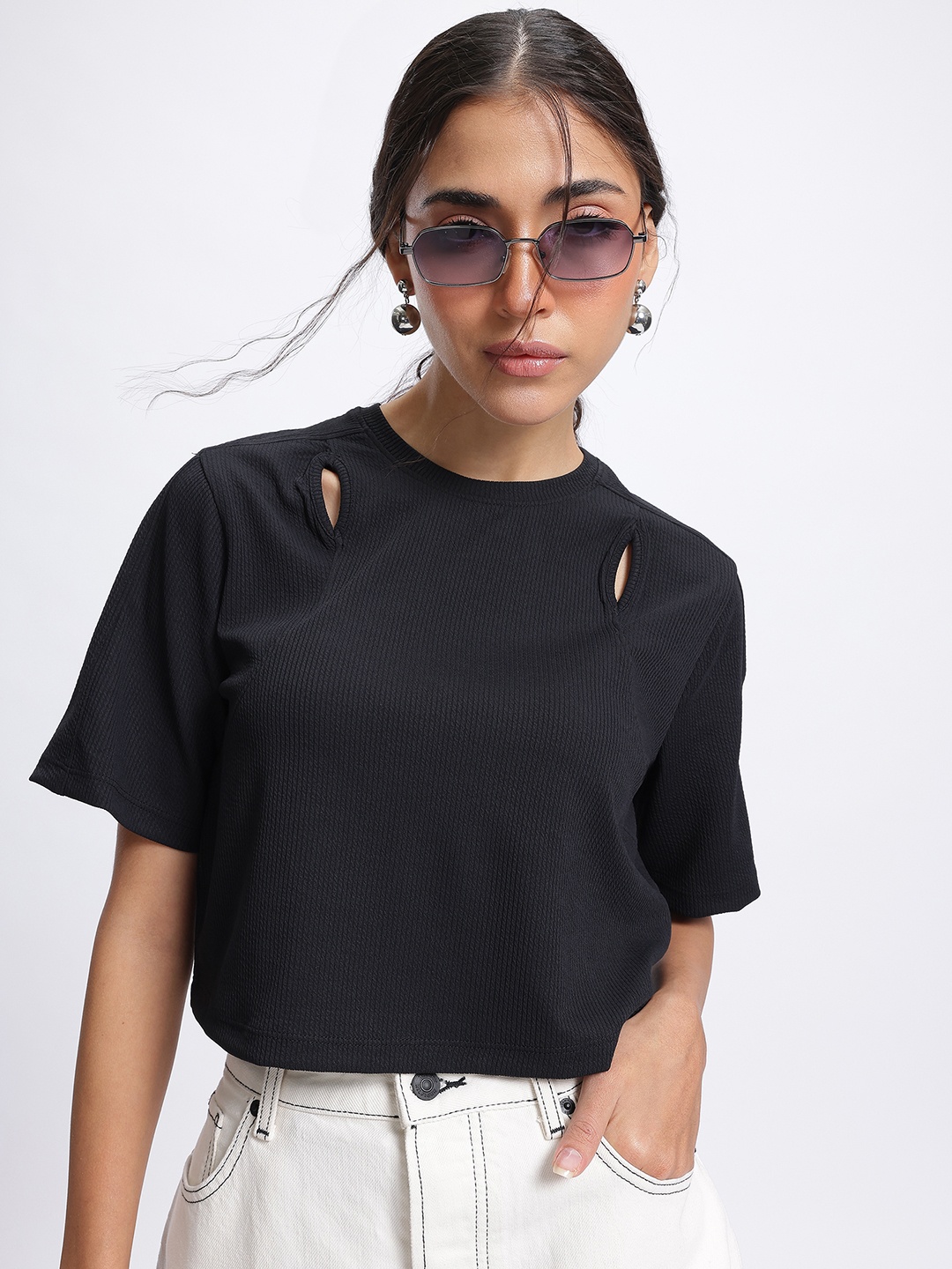 

glitchez Midnight Peekaboo Self-Striped Cut Out Detail Crop Top, Black