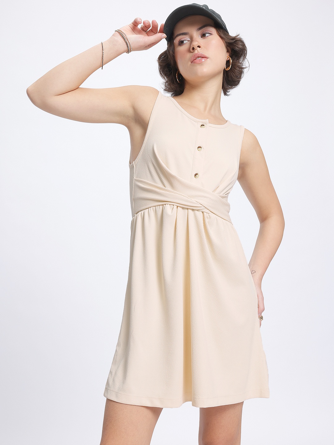 

glitchez Pastel Paradise Self-Design Twisted Mini A-Line Dress, Cream