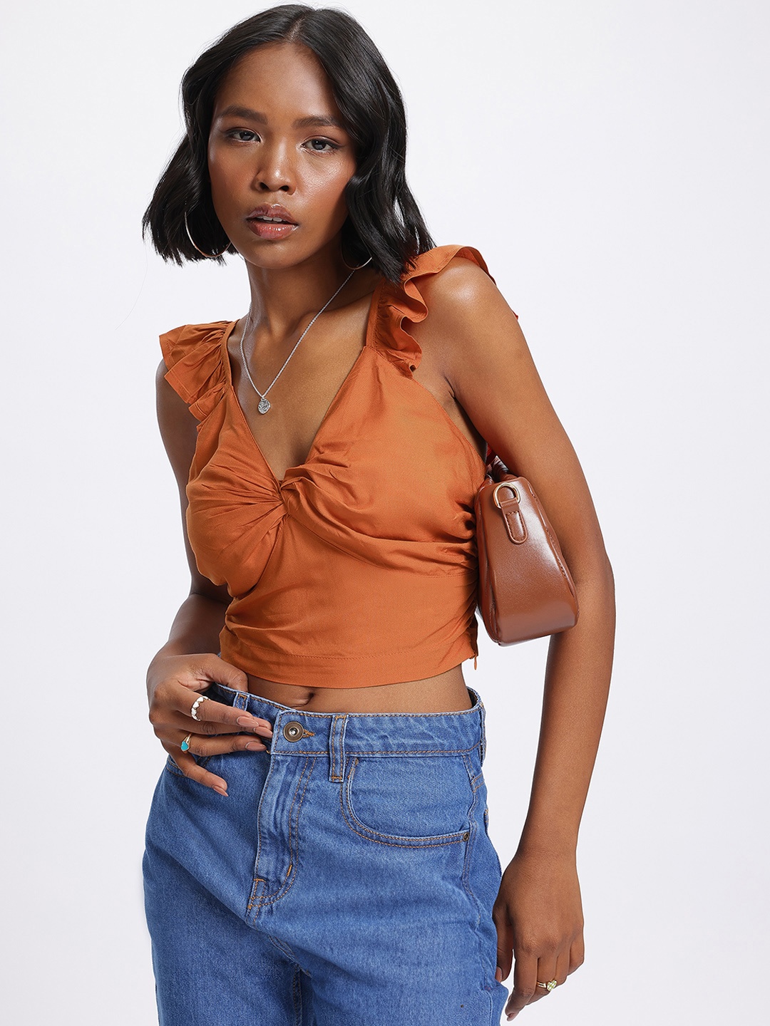 

glitchez Chic & Cheery Ruffled Twisted Crop Top, Rust