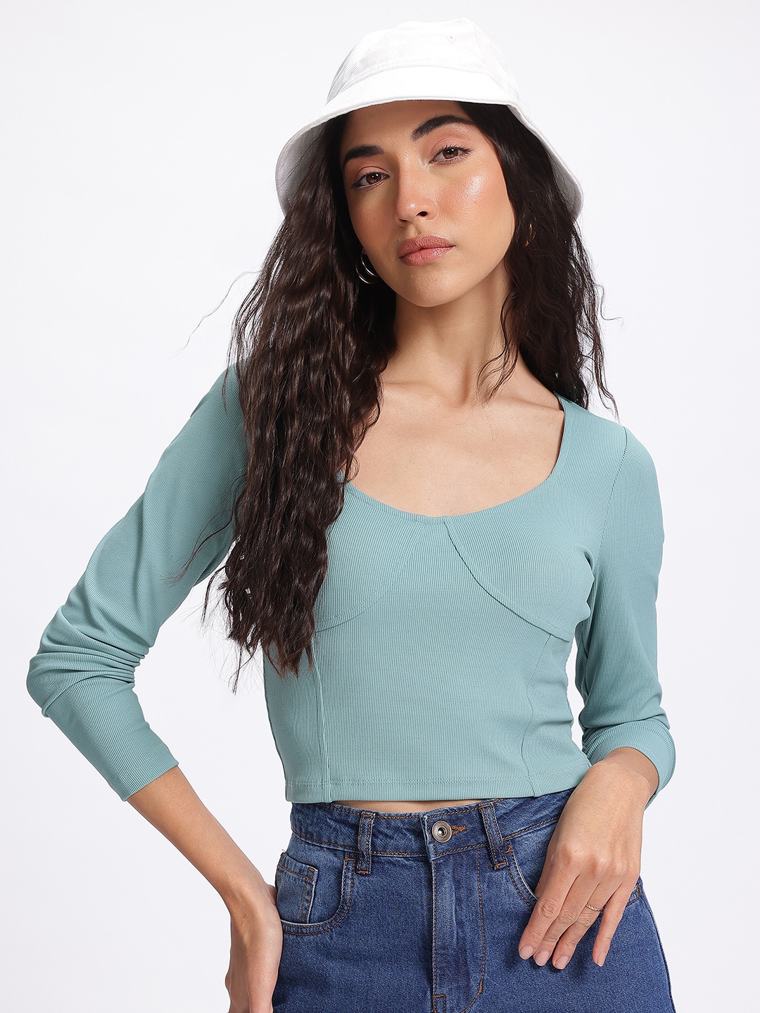 

glitchez Sage Glow Scoop Neck Ribbed Top, Green