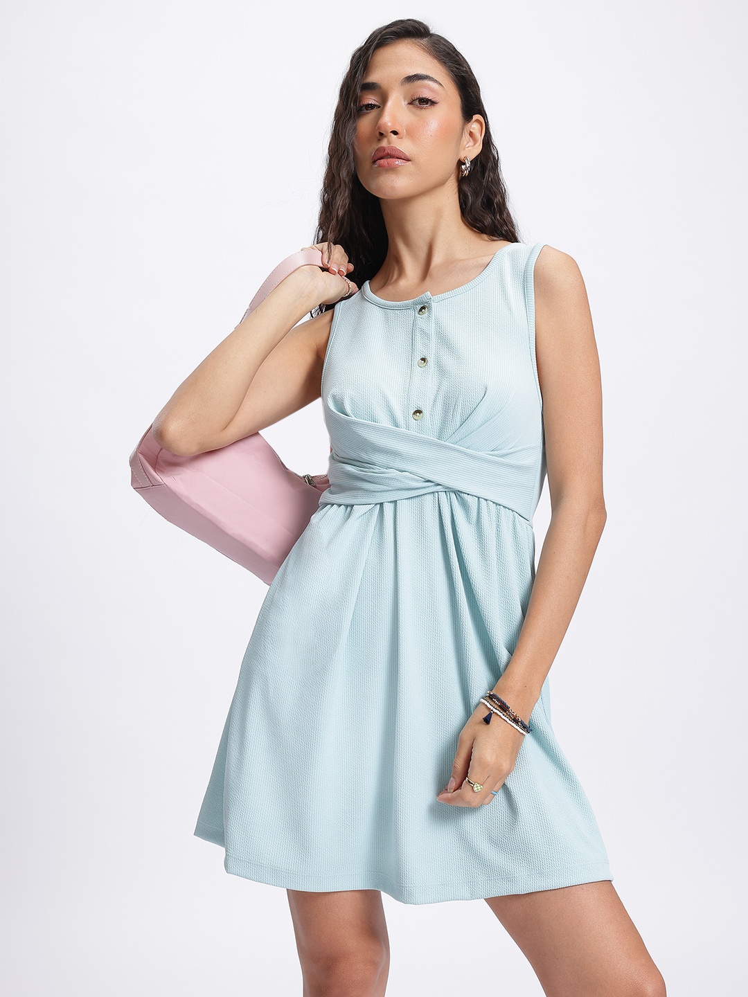 

glitchez Adorable Allure Self-Design Twisted Mini A-Line Dress, Blue