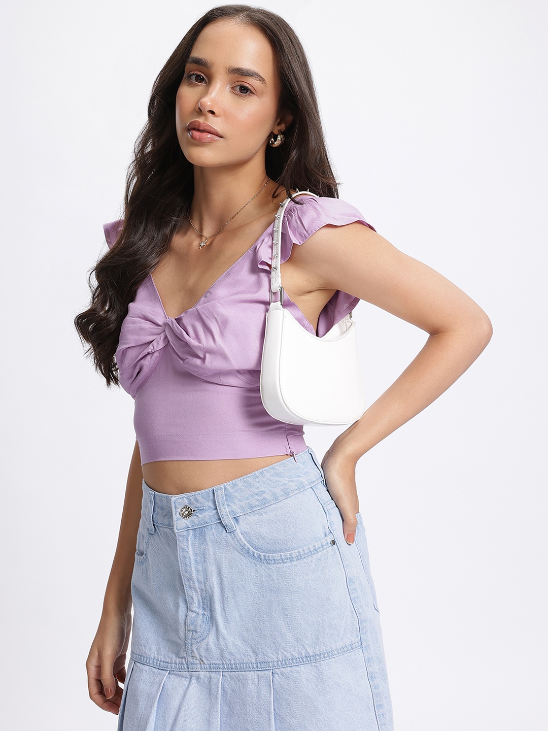 

glitchez Urban Boho Ruffled Twisted Crop Top, Lavender