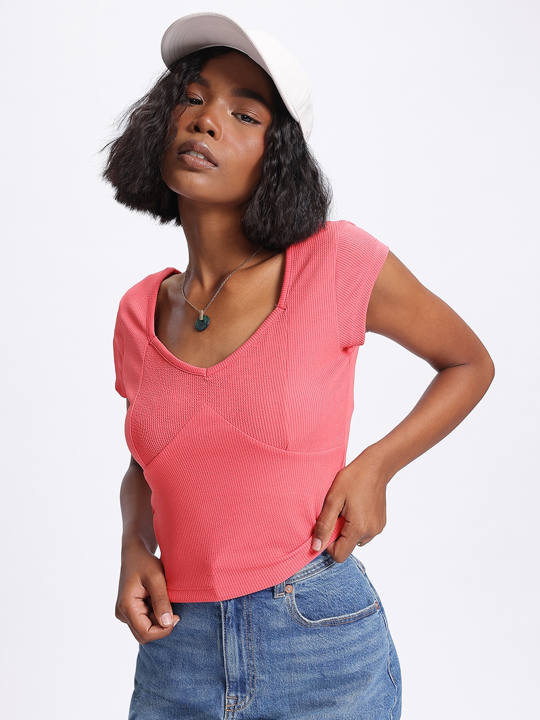 

glitchez Cutesy Knits Ribbed Fitted Crop Top, Pink