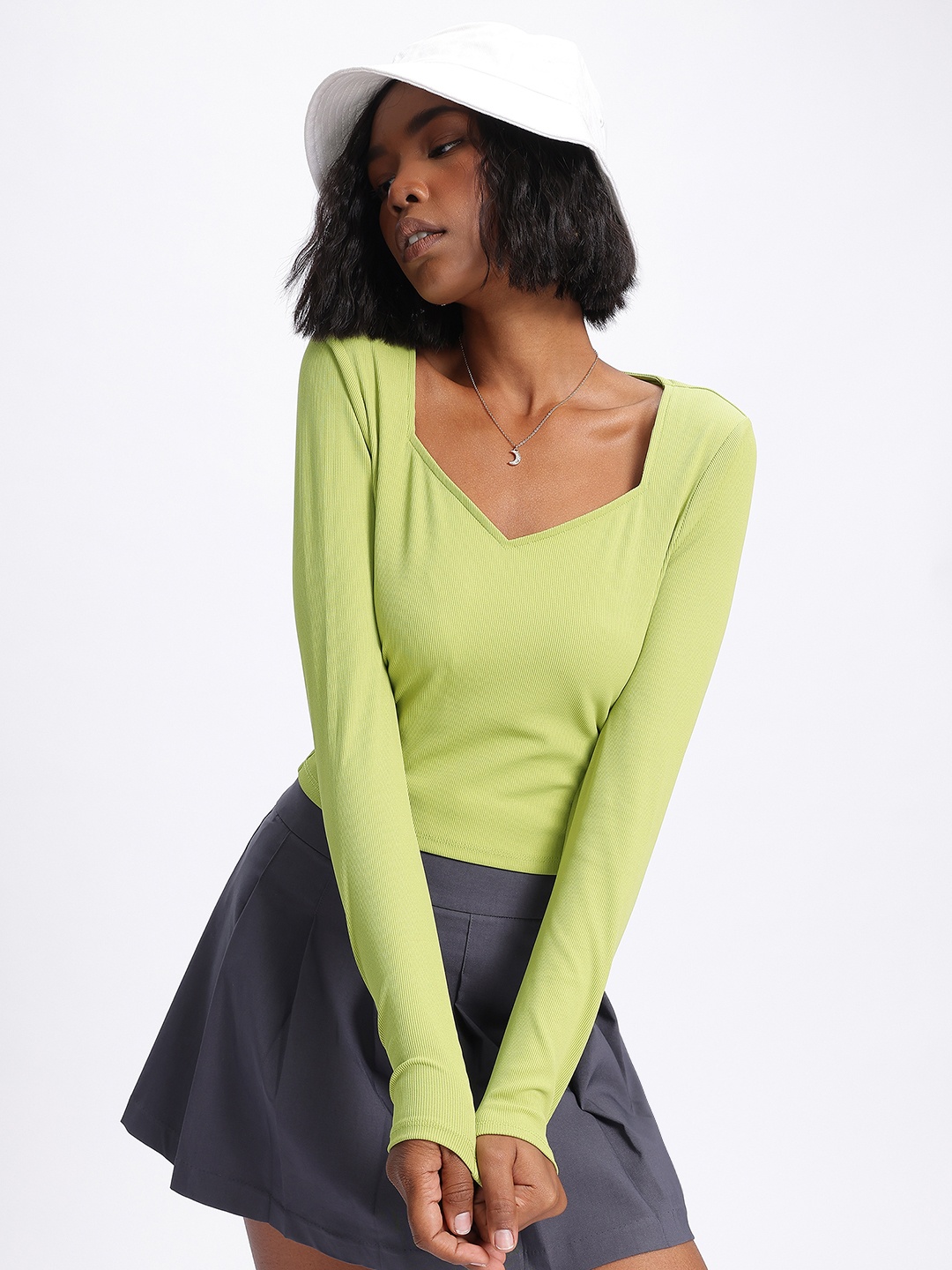 

glitchez Flattering Ribs Sweetheart Neck Crop Top, Fluorescent green