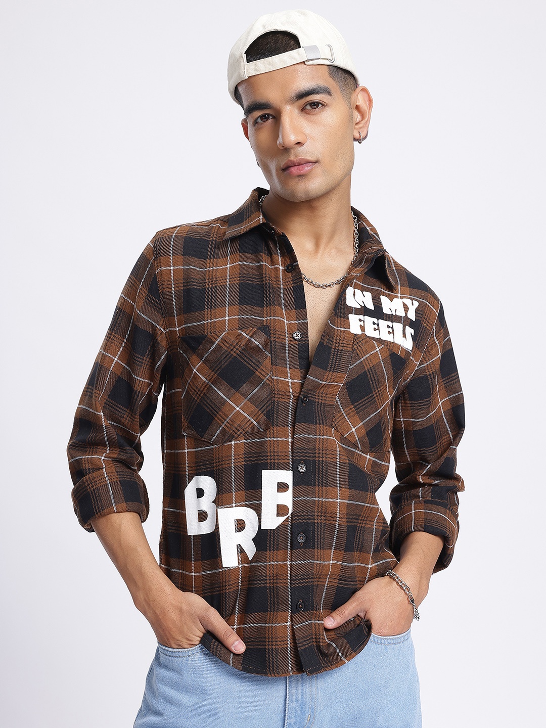 

glitchez Typo Check Plaid Patch Pocketed Shirt, Brown